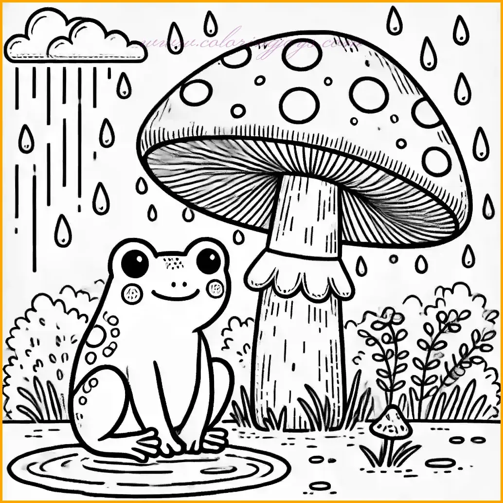 This whimsical image shows a happy frog sitting comfortably under a toadstool mushroom, using it as an umbrella against the falling rain. Raindrops gently splash around, creating a small puddle nearby. The background is minimal, keeping the focus on the frog and its charming shelter. The bold and clean outlines make it perfect for children to color. Use green for the frog, red with white spots for the mushroom, and light blue for the raindrops and puddle to bring this cozy scene to life.