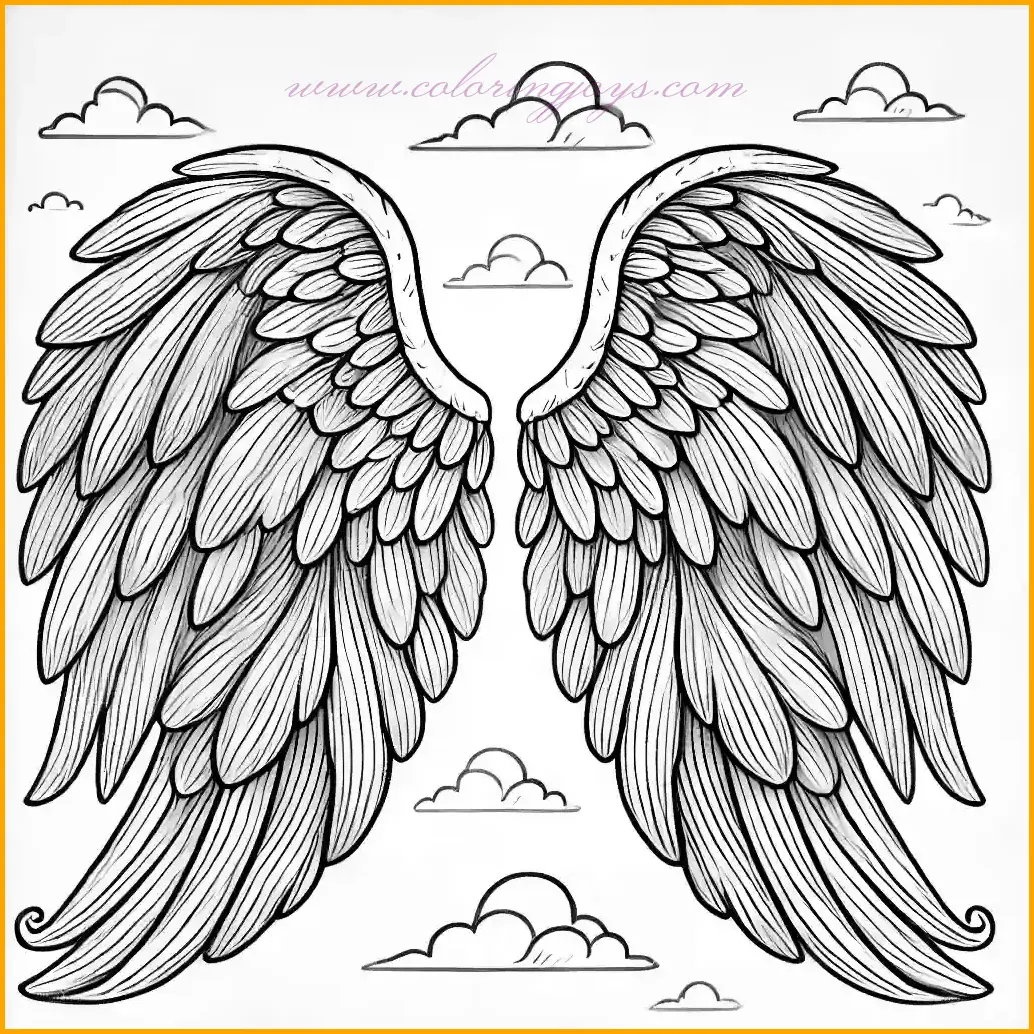 This coloring page features a beautiful pair of angel wings spread wide, with soft, layered feathers that children can color individually to create a delicate and graceful look. The minimal background includes a few light clouds, enhancing the celestial feel while keeping the focus on the wings. With clear lines and open spaces, this coloring page is ideal for young artists to explore gentle pastel shades on each feather, providing a relaxing, creative activity centered on the elegance of angel wings.