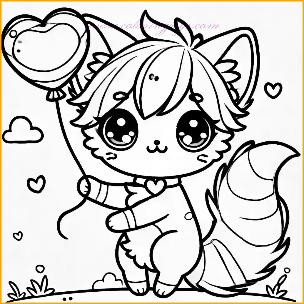 This sweet image features a cute anime-style cat holding a heart-shaped balloon, perfect for kids to color. The cat has large expressive eyes, pointy ears, and a fluffy tail, adding to its charm. The background includes a few small clouds to inspire additional creativity. Use soft pastel tones for the cat, vibrant red or pink for the balloon, and light blue for the clouds. The clear and simple outlines make this picture easy and enjoyable for children to bring to life with their colors.