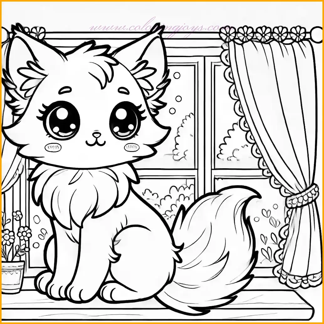 This serene image features a cute anime-style cat sitting on a windowsill and gazing outside. The cat has large expressive eyes, pointy ears, and a fluffy tail, making it delightful for kids to color. The background includes a window frame with curtains and a few flowers on the sill, providing extra elements for creativity. Use soft colors for the cat, green for the flowers, and vibrant shades for the curtains. The simple and clear outlines make this picture perfect for children to enjoy and bring to life with their colors.