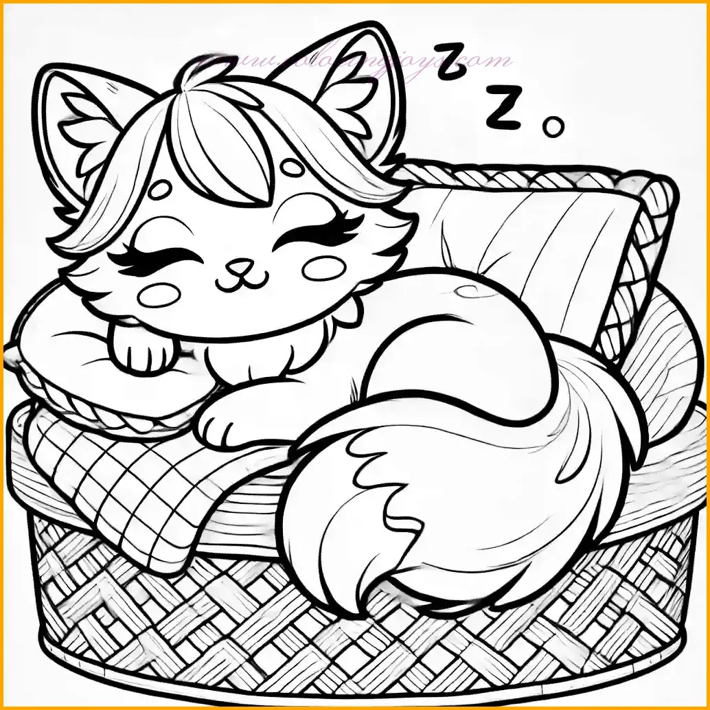 This peaceful image shows a cute anime-style cat curled up and sleeping in a comfortable basket. The cat has closed expressive eyes, pointy ears, and a fluffy tail, making it ideal for children to color. The background includes a small pillow and a blanket for extra creative elements. Use soft pastel colors for the cat, warm tones for the basket, and vibrant hues for the pillow and blanket. The clear and simple outlines make this illustration easy and enjoyable for kids to bring to life with their colors.