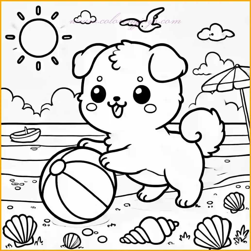 This coloring page features an adorable anime-style dog enjoying a day at the beach. The dog is playing with a colorful beach ball near the shoreline, surrounded by gentle waves and seashells. The scene includes a bright sun shining above and a few seagulls flying in the sky. Kids can color the dog with shades like brown, cream, or golden, the beach ball in vibrant hues like red, blue, and yellow, and the seashells in soft pastel tones. The sun can be bright yellow, and the waves light blue, creating a lively and fun seaside scene perfect for coloring.