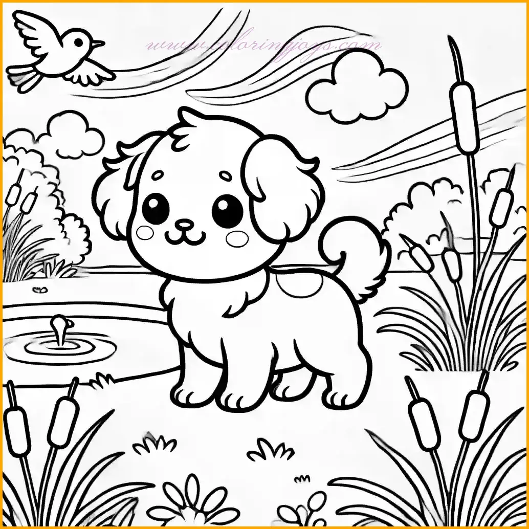 This coloring page features a charming anime-style dog standing near a small pond on a white background. The natural scene includes tall grass and a few cattails around the pond, with a gentle breeze shown by wavy lines. A bird is flying in the sky, adding a lively touch to the background. Kids can color the dog’s fur in shades like brown, golden, or cream, use green for the grass and cattails, blue for the pond, and vibrant colors for the bird. This peaceful outdoor design is ideal for a relaxing and creative coloring activity.
