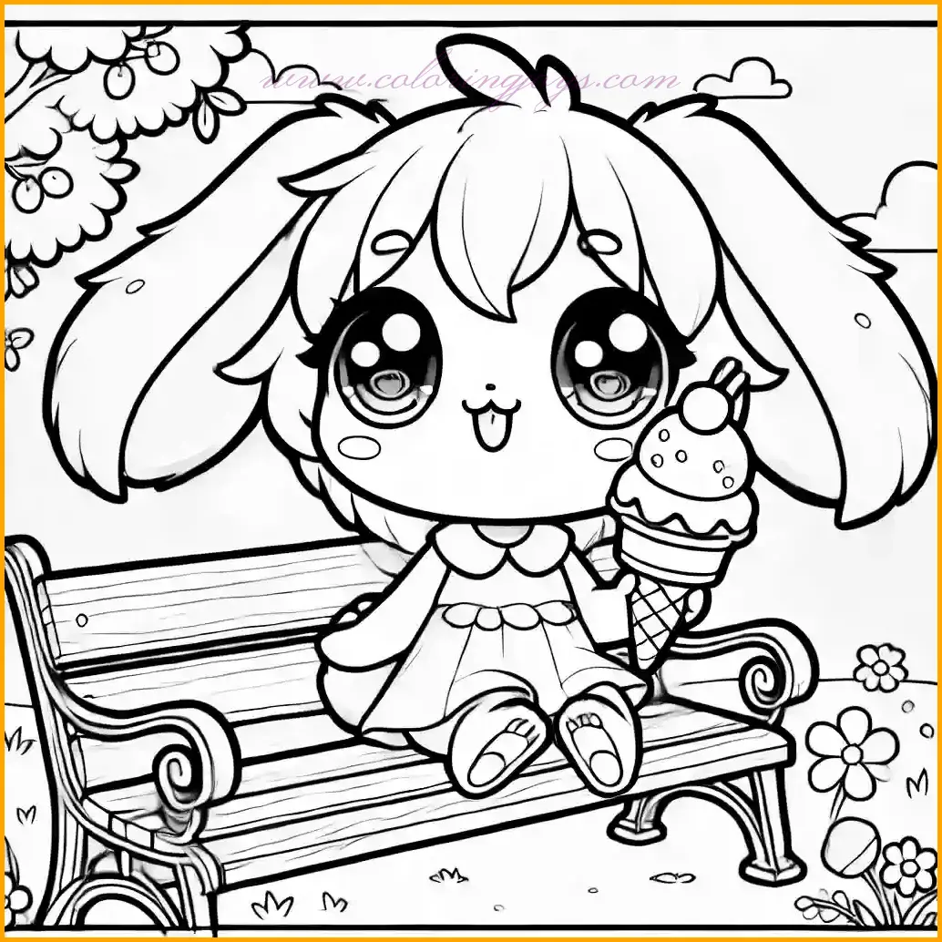 This adorable image features a cute anime-style rabbit sitting on a bench while holding an ice cream cone. The rabbit has large expressive eyes, long floppy ears, and a fluffy tail, making it perfect for kids to color. The background includes a few flowers and a small tree, adding extra elements for creativity. Use soft colors for the rabbit, bright shades for the ice cream, and green for the flowers and tree. The clear and simple outlines make this picture fun and easy for young artists to enjoy.