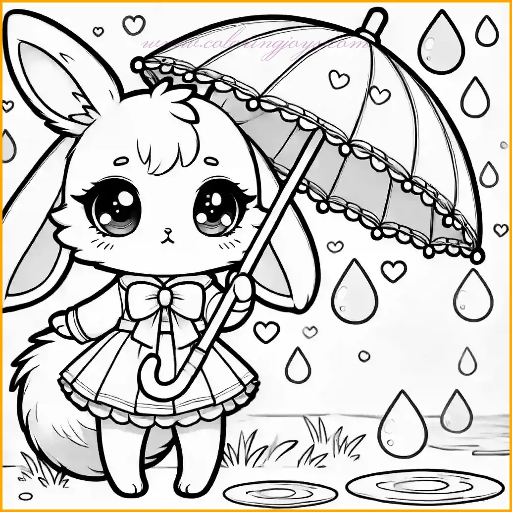 This delightful image features a cute anime-style rabbit standing in the rain, holding a small umbrella. The rabbit has large expressive eyes, long floppy ears, and a fluffy tail, making it charming and fun to color. The background includes a few raindrops and small puddles, providing additional elements for creativity. Use bright colors for the umbrella, soft pastel shades for the rabbit, and blue for the raindrops and puddles. The clear and simple outlines ensure that the picture is easy for children to color and enjoy.