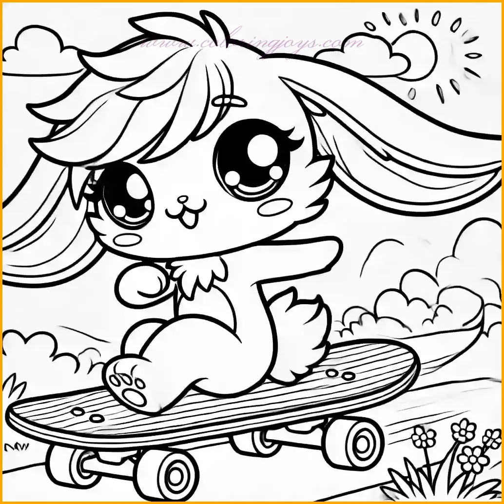 This lively image features a cute anime-style rabbit riding a skateboard with its long ears flowing in the breeze. The rabbit has large expressive eyes and a fluffy tail, making it exciting and fun for children to color. The background includes a patch of grass and a single cloud in the sky, providing extra elements for creativity. Use bright colors for the skateboard, soft tones for the rabbit, and green for the grass. The simple outlines make this picture enjoyable and easy for kids to bring to life with their imagination.