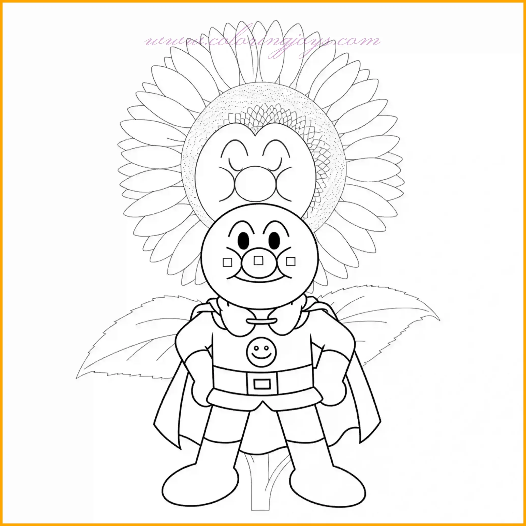 This vibrant image showcases Anpanman standing tall in front of a giant sunflower, exuding pride and happiness. The sunflower’s golden petals and lush green leaves create a stunning background, symbolizing positivity and growth. This illustration is perfect for Anpanman coloring pages, offering a chance to explore bold and bright colors. Use yellows and oranges for the sunflower, rich greens for the leaves, and earthy browns for the stem. Anpanman’s iconic costume stands out against the floral backdrop, creating a cheerful and uplifting scene. Add highlights and shadows to the sunflower petals to emphasize their texture and beauty.