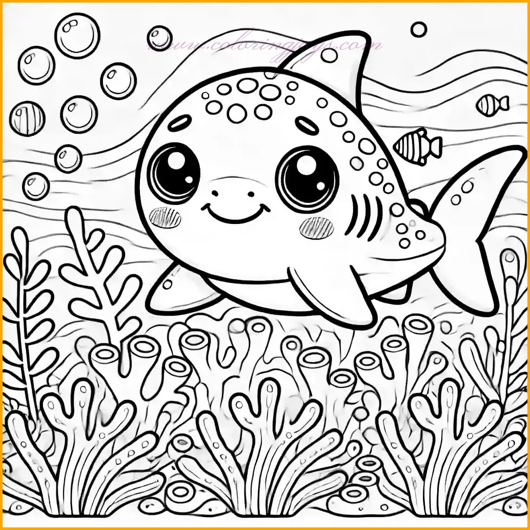 This playful coloring page features a baby shark curiously peeking out from behind a coral reef. The shark has a friendly expression with round eyes, partially hidden by coral formations. The background includes bubbles, wavy water lines, and small seaweed plants, all outlined for easy coloring. Kids can use blue or gray for the shark, bright colors like red, orange, or pink for the coral, and green for the seaweed. Light blue can be added to the bubbles and wavy lines to create a lively underwater atmosphere.