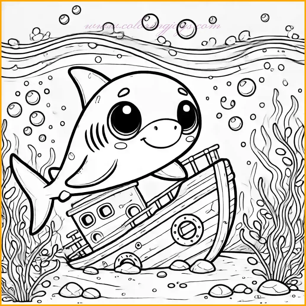 This adventurous coloring page features a playful baby shark peeking out from behind a simple shipwreck underwater. The shark has a curious and cheerful expression with round eyes, adding a sense of fun to the scene. The background includes bubbles, wavy water lines, and small seaweed plants, all outlined for easy coloring. Kids can color the shark in blue or gray, the shipwreck in shades of brown, and the seaweed in green. The bubbles and water lines can be shaded light blue to complete the underwater hide-and-seek theme.