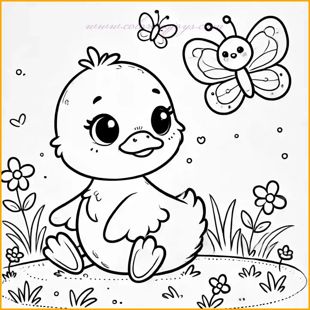 This coloring page features an adorable baby duckling sitting in a grassy field, with a small butterfly fluttering nearby. The design is simple, with bold outlines for easy coloring, making it perfect for young children. The duckling can be colored in bright yellow with an orange beak, while the butterfly can be decorated in vibrant colors of your choice. The grass can be shaded in green to complete the scene. The background is left plain to allow for creative additions or to keep the focus on the duckling and butterfly.