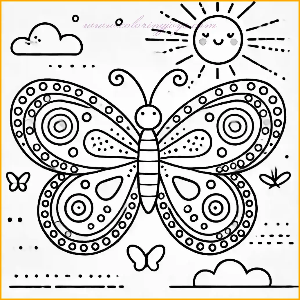 This delightful coloring page features a graceful butterfly with large, symmetrical wings adorned with simple patterns like circles, lines, and small hearts. The butterfly is shown flying joyfully amidst a cheerful background of fluffy clouds and a smiling sun. The outlines are clear and thin, perfect for young artists to enjoy. Encourage kids to use bright colors for the butterfly's wings, blue or white for the clouds, and yellow for the happy sun to bring this charming scene to life.