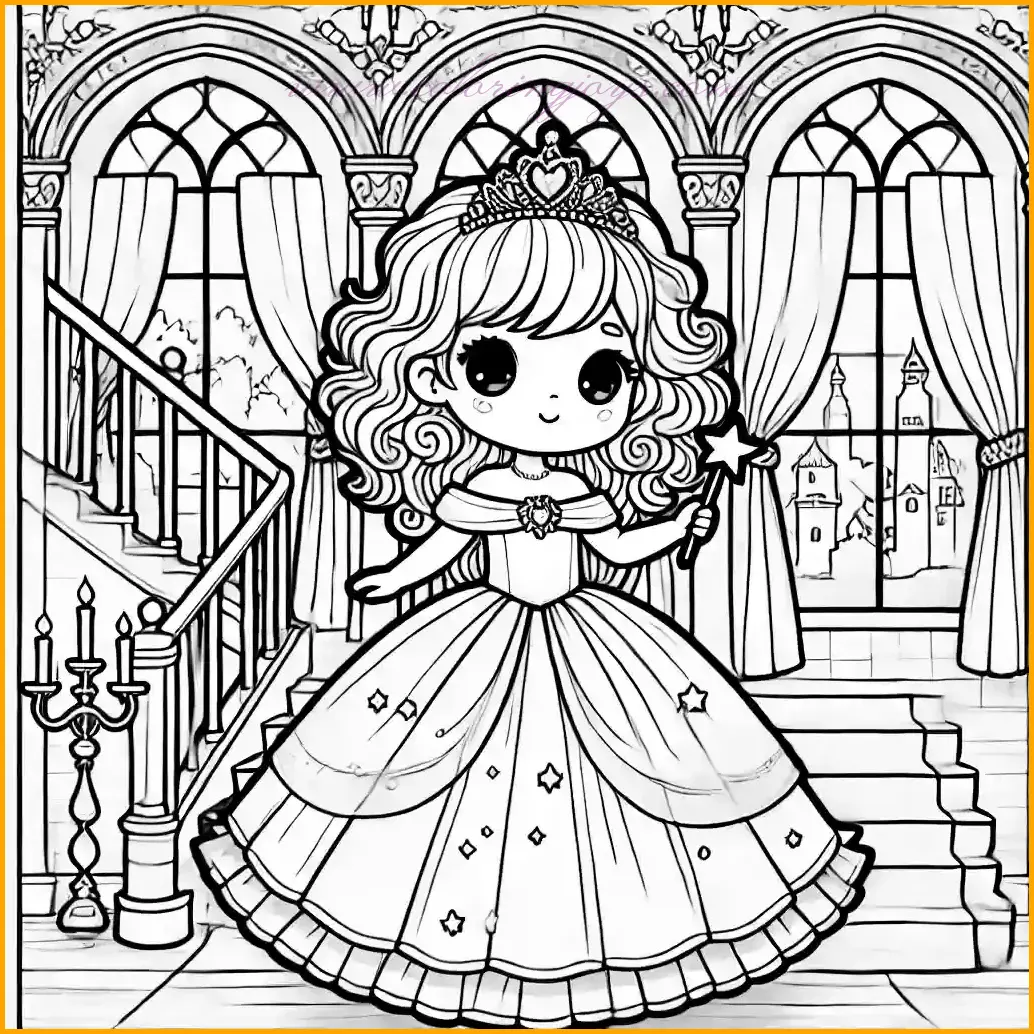 This enchanting coloring page features a young princess with curly hair, elegantly dressed in a flowing gown and a sparkling tiara. She holds a magic wand with a star at the tip, standing on a grand staircase inside a majestic castle. The background includes tall windows with flowing curtains and a dazzling chandelier, adding to the fairy-tale charm. The bold outlines make it easy for kids to color, allowing them to use vibrant shades for the princess’s gown, the castle decorations, and the magical wand. This page inspires creativity and offers a delightful way to enjoy a magical scene.
