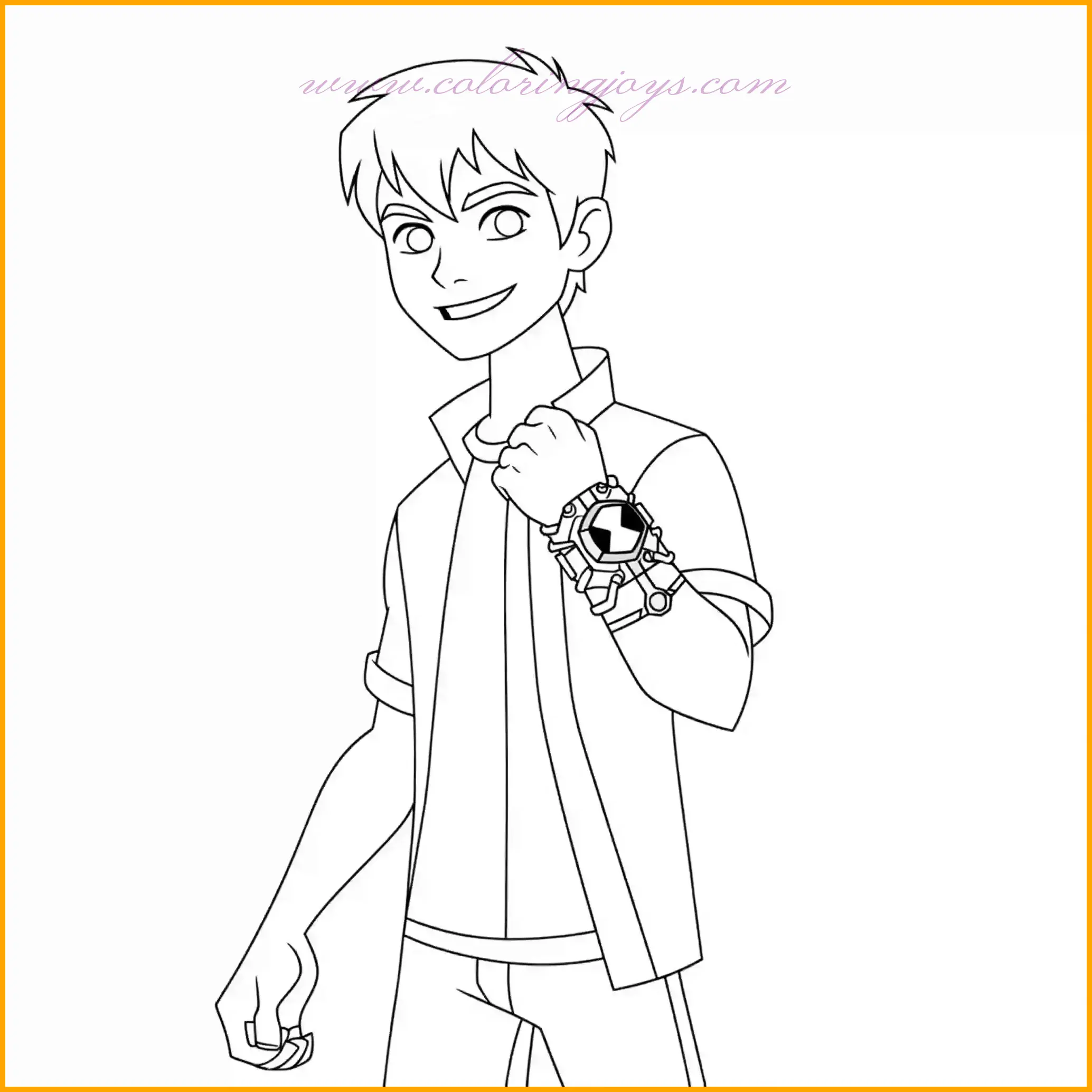 This delightful coloring page features Ben Ten proudly displaying his iconic Omnitrix, a symbol of his bravery and adventurous spirit. Children can color Ben’s green jacket, white shirt, and black pants in their traditional hues while adding details like shading to emphasize folds in the fabric. The Omnitrix can be brought to life with vibrant green tones for its glowing light and metallic grays for the band. A simple background of light blue or green can enhance the focus on Ben, making him the star of the page. This is a fantastic way to explore creativity while celebrating the hero’s confidence.