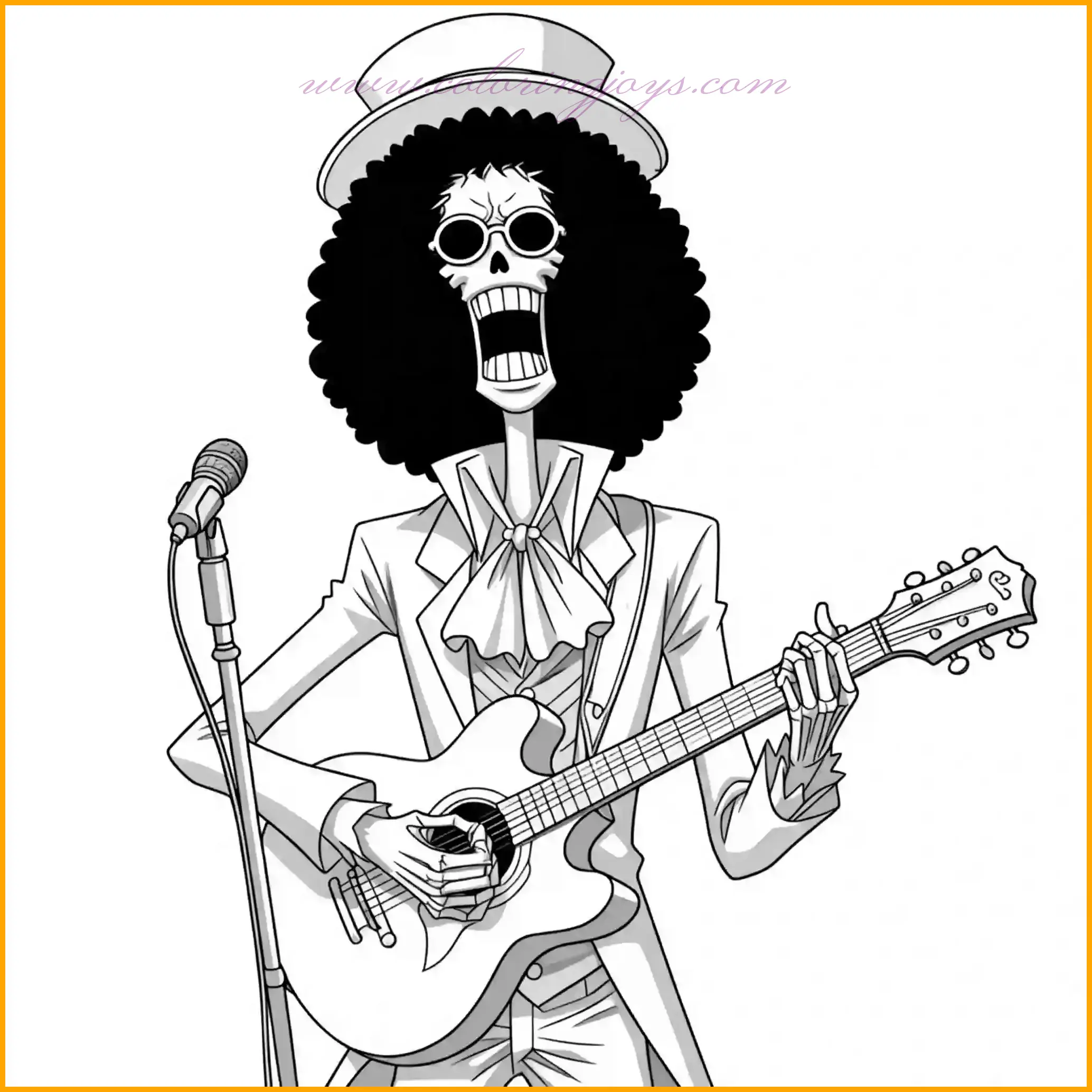 This cheerful coloring page captures Brook from One Piece strumming his guitar and singing joyfully. Use light bone white for his skeletal body and add vibrant yellows and purples to his flamboyant suit for a lively touch. His guitar can be shaded in rich browns with silver details for the strings, emphasizing its wooden structure. The background can be filled with pastel shades like pink, yellow, or sky blue to reflect the upbeat musical mood. This coloring page encourages creative and vibrant coloring to match Brook’s lively personality and musical talent.