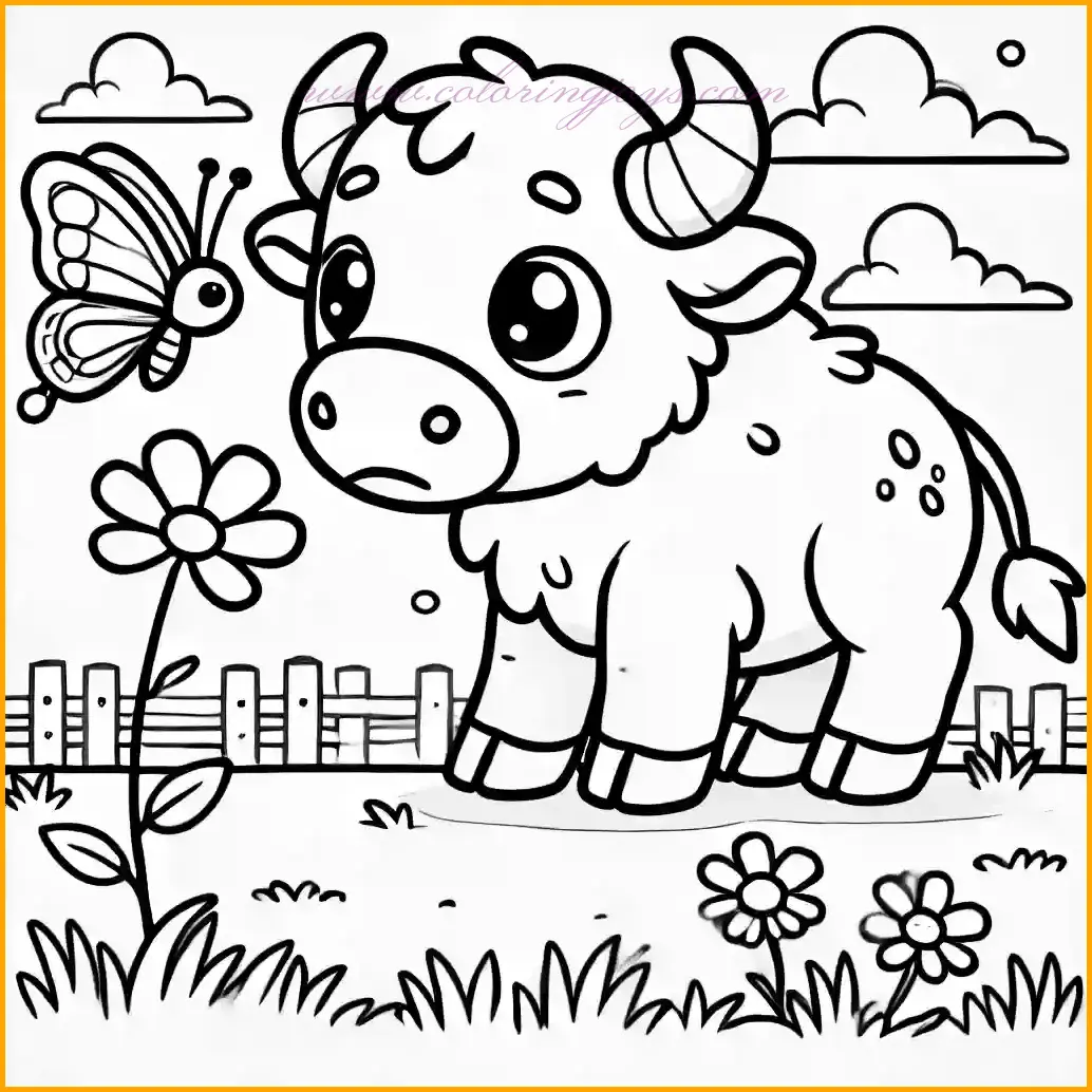 This coloring page features a curious buffalo gazing at a butterfly as it flutters near its nose. The buffalo stands on a grassy field, with a bright sky and a few clouds in the background, creating a joyful scene. The bold outlines are easy for kids to color. Use brown for the buffalo, vibrant colors for the butterfly, green for the grass, and blue for the sky to bring the illustration to life.