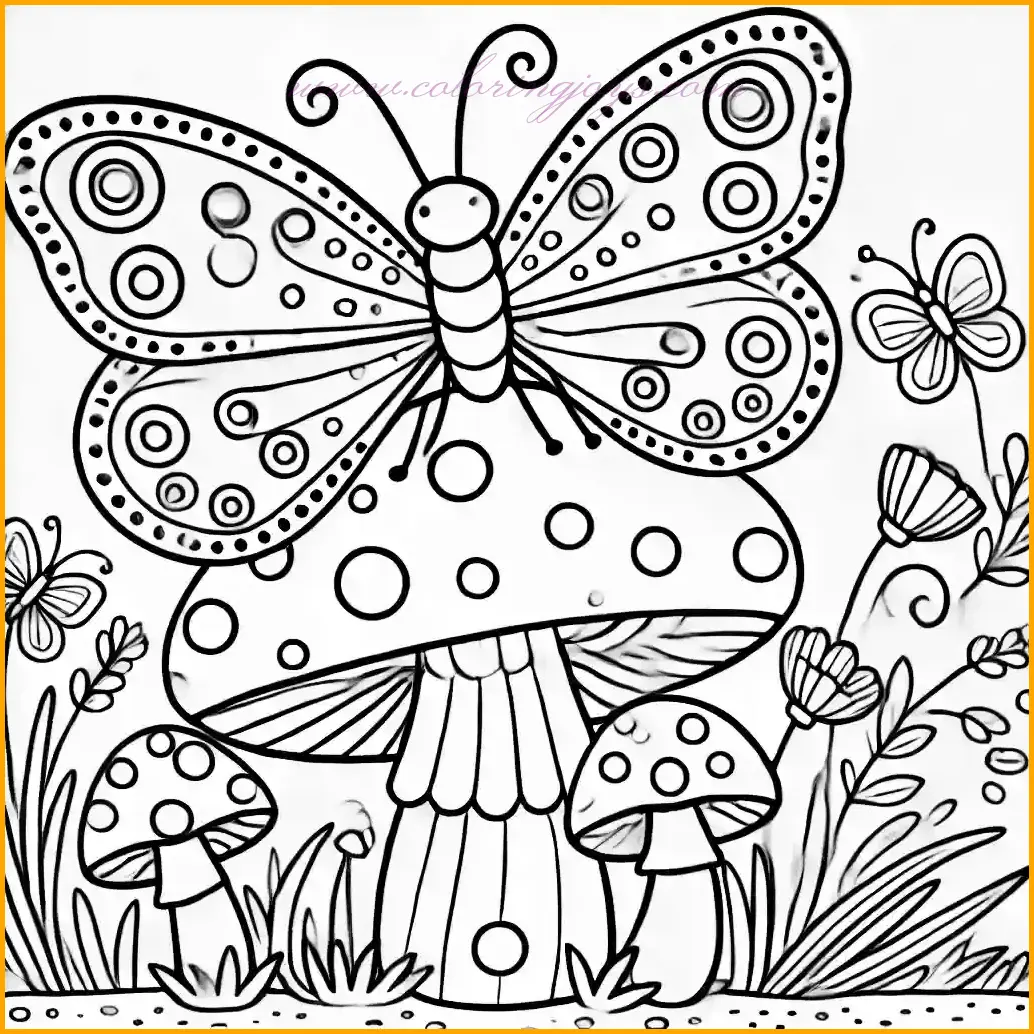 This delightful butterfly coloring page features a whimsical scene of a butterfly resting on a large spotted mushroom. The butterfly has beautifully patterned wings with polka dots and stripes, providing an engaging opportunity for kids to use vibrant colors. The mushroom has a classic round cap with spots and is surrounded by simple details like small blades of grass and tiny flowers. Designed with thin, clear outlines, this coloring page is perfect for young children to explore their creativity. Encourage them to color the butterfly with bright shades, the mushroom cap in red with white spots, and use greens and yellows for the grass and flowers, creating a cheerful and lively masterpiece.