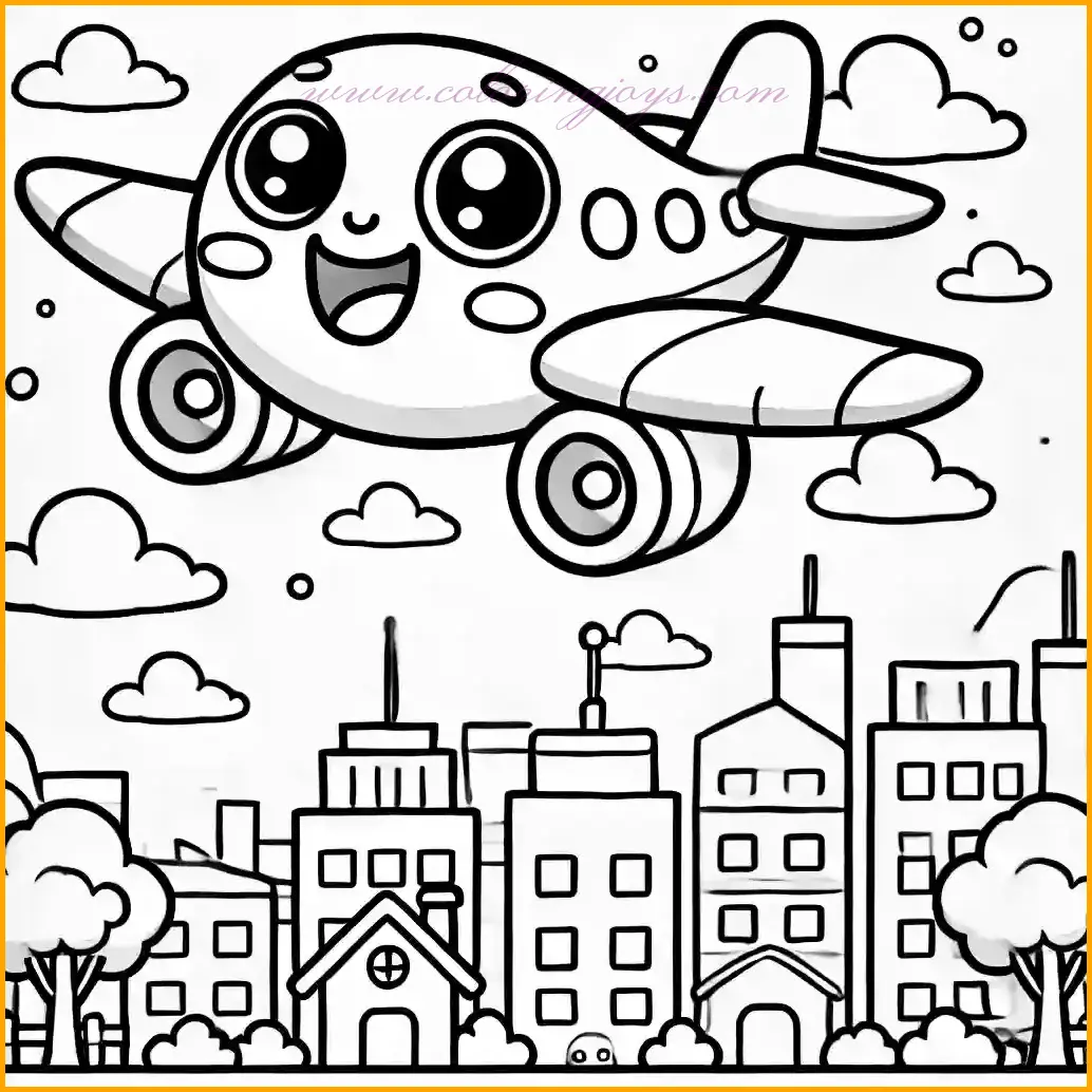 This coloring page shows a joyful aeroplane flying over a playful cityscape. The aeroplane has a friendly face with big, happy eyes and a charming smile, its wings tilted as if waving hello. Below, simple outlines of cartoon-style buildings and trees create a fun city background, yet the focus remains on the aeroplane. Kids can color the aeroplane in vibrant shades like blue or yellow, while the buildings and trees can be filled with softer tones for added contrast. The design is outlined clearly, making it easy for young artists to enjoy coloring.