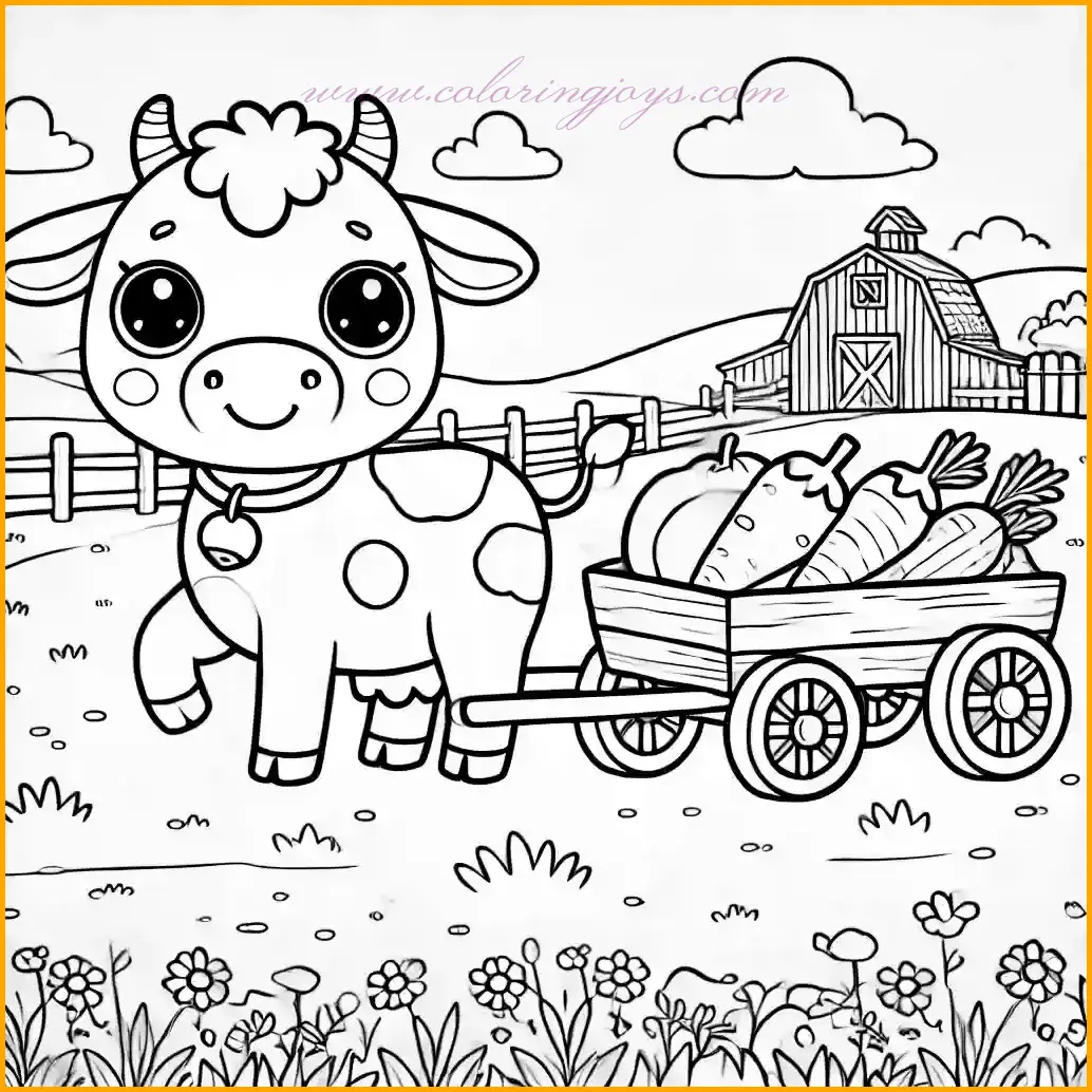 This engaging coloring page features a happy cow pulling a cart loaded with fresh vegetables in a vibrant farm setting. The cow has a cheerful expression, big round eyes, and small curved horns, making it a delightful subject for children to color. The cart is filled with simple vegetable shapes, offering opportunities for bright and varied colors. The background includes patches of grass, a wooden fence, and a distant barn, completing the rustic farm atmosphere. The clear, thin outlines make this page easy to color, providing a fun and creative activity for young artists to enjoy.