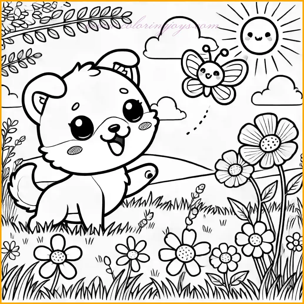 This coloring page features a playful chibi-style dog happily chasing a butterfly in a meadow filled with flowers and tall grass. The outdoor scene includes a bright sun shining in the sky, fluffy clouds, and a small hill in the background. Kids can color the dog in shades like cream, golden, or brown, the grass and hill in green, and the flowers in vibrant hues like red, yellow, and pink. The butterfly can be bright and colorful, while the sun and clouds can add a cheerful tone to this lively and delightful coloring activity.