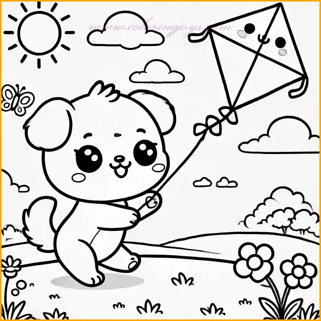 This coloring page features a delightful chibi-style dog flying a kite on a grassy hill in a bright outdoor setting. The scene includes colorful flowers and a small butterfly nearby, a distant tree in the background, a shining sun, and fluffy clouds in the sky. Kids can color the dog in shades like cream, golden, or brown, the kite in vibrant patterns such as red, blue, or yellow, and the grass and flowers in green and bright hues. This playful and cheerful setting is perfect for a creative and fun coloring activity.