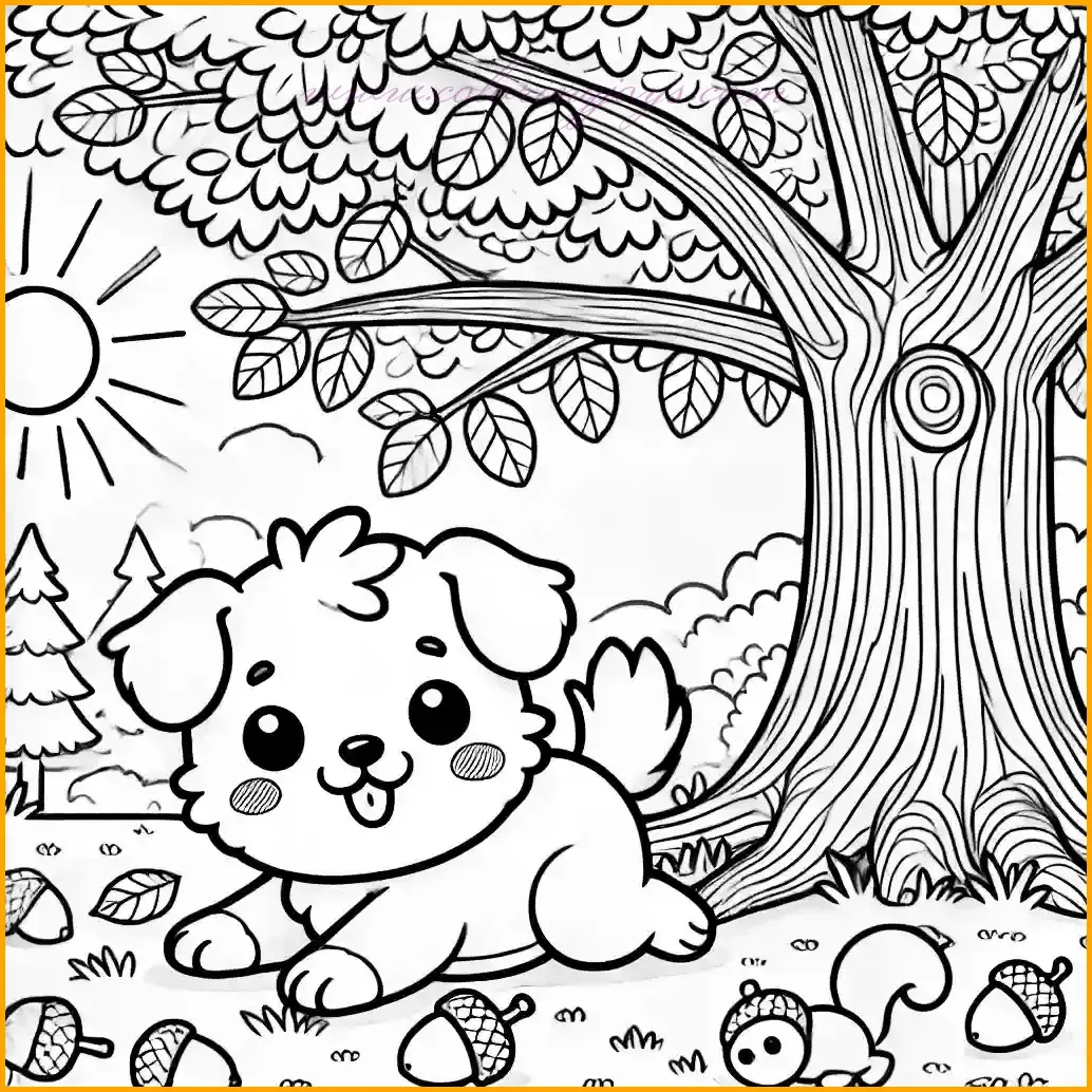 This coloring page features a delightful chibi-style dog playing under a big tree in an outdoor setting. The dog, with its oversized head and cheerful expression, is surrounded by fallen leaves and acorns. A bright sun shines through the tree branches, and a squirrel is nearby, adding a lively touch to the scene. Kids can color the dog with shades like cream, golden, or brown, the tree and leaves in various greens, yellows, and oranges, and the acorns in brown tones. The squirrel and sun can be colored with bright shades to make this charming autumn scene perfect for creative coloring fun.