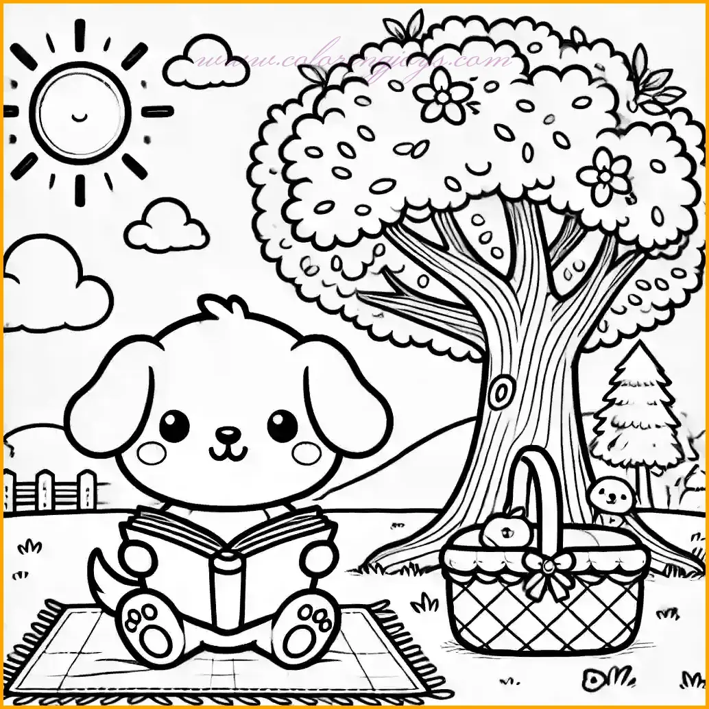 This coloring page features a charming chibi-style dog sitting under a big tree, reading a book in a serene outdoor setting. The scene includes a picnic basket nearby, a bright sun shining in the sky, fluffy clouds, and a small bird perched on a tree branch above. Kids can color the dog in shades like cream, golden, or brown, the tree and grass in green, and the picnic basket in light brown. The book can be any vibrant color, and the sun and clouds add a cheerful touch, making this a delightful and calming coloring activity.