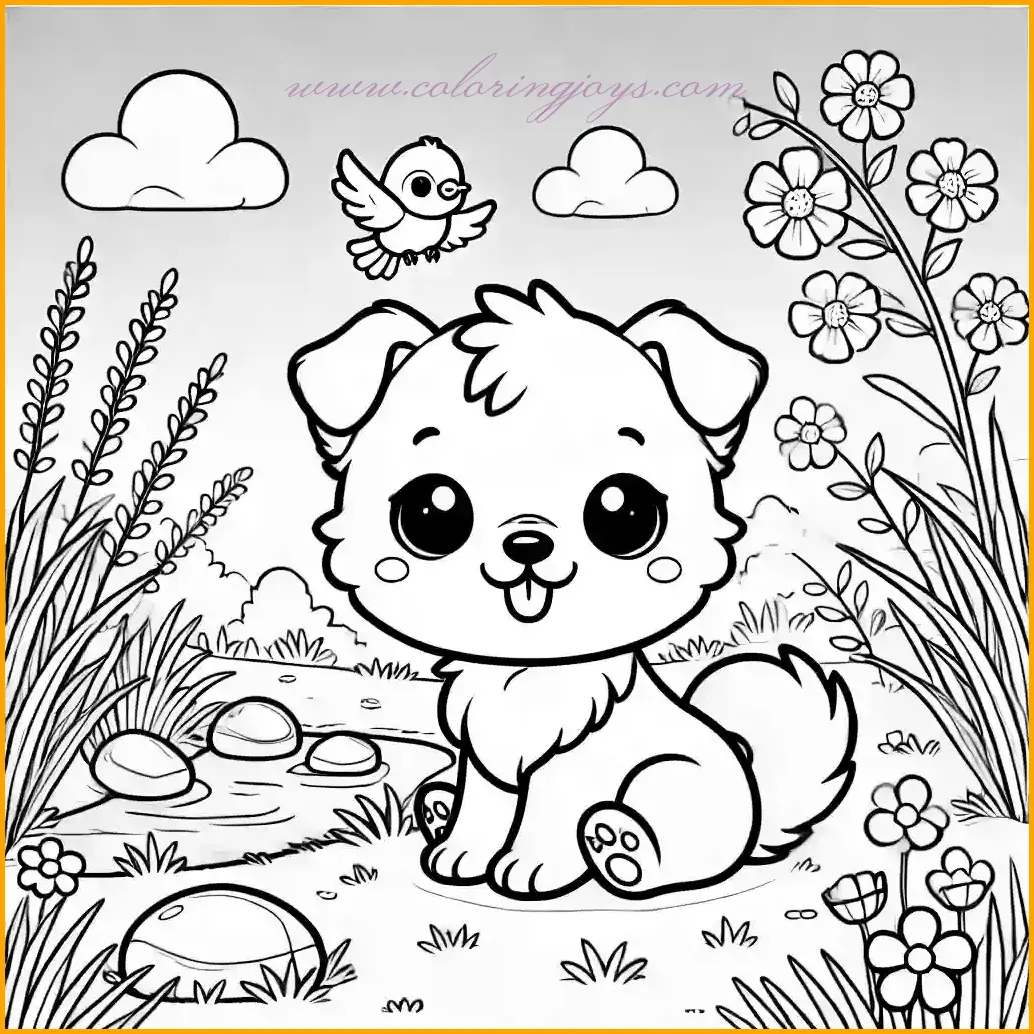 This coloring page features a serene scene with a cute chibi-style dog sitting next to a small stream. The dog, with its oversized head and gentle expression, is surrounded by rocks and blooming flowers. A bird perches on one of the rocks, and tall grasses sway gently under a clear blue sky. Kids can color the dog with shades like cream, golden, or brown, the stream in light blue, and the flowers in bright shades like red, yellow, or pink. The bird and grasses can also be colored vibrantly, making this tranquil outdoor setting perfect for coloring fun.