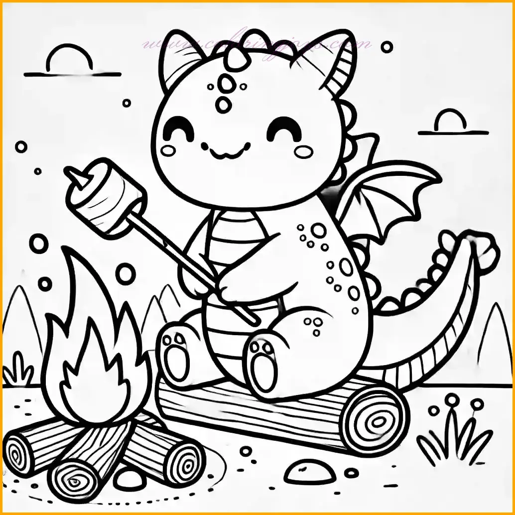 This heartwarming image shows a content dragon sitting by a cozy campfire, roasting a marshmallow on a stick. The dragon has a relaxed expression, small wings, a rounded body, and soft spikes along its back. The background includes a simple scene with a campfire, scattered rocks, and a peaceful atmosphere, making it perfect for kids to color. Children can use warm tones like red, orange, or yellow for the fire, and bright colors for the dragon, such as green or blue. The bold outlines make it fun and easy for young artists to bring the scene to life!