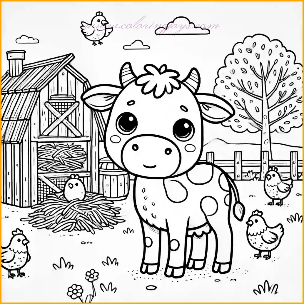 This playful coloring page shows a curious cow standing inside a chicken coop, exploring its surroundings. The cow has a charming expression, big round eyes, and small horns, making it an adorable subject for kids to color. The background includes a few chickens pecking around, a nesting box, and some hay scattered on the floor, creating a lively and rustic farm scene. The chickens and hay can be colored with warm, earthy tones, while the cow invites both traditional and imaginative patterns. Clear, simple outlines make this page perfect for young artists to enjoy a fun and creative coloring experience.