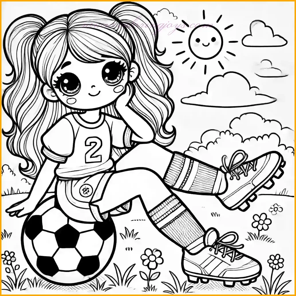 This adorable soccer coloring page features a young girl sitting on a soccer ball, taking a relaxing break on a grassy field. She has a peaceful, content expression and wears a sporty outfit, including a soccer jersey, shorts, and cleats. Around her are a few small flowers, a clear sky with soft clouds, and a gentle sun, creating a calm outdoor atmosphere. Kids can color her uniform, the grass, and the flowers to make the scene lively. The bold lines are simple and clear, making this page easy and enjoyable for young artists to color.