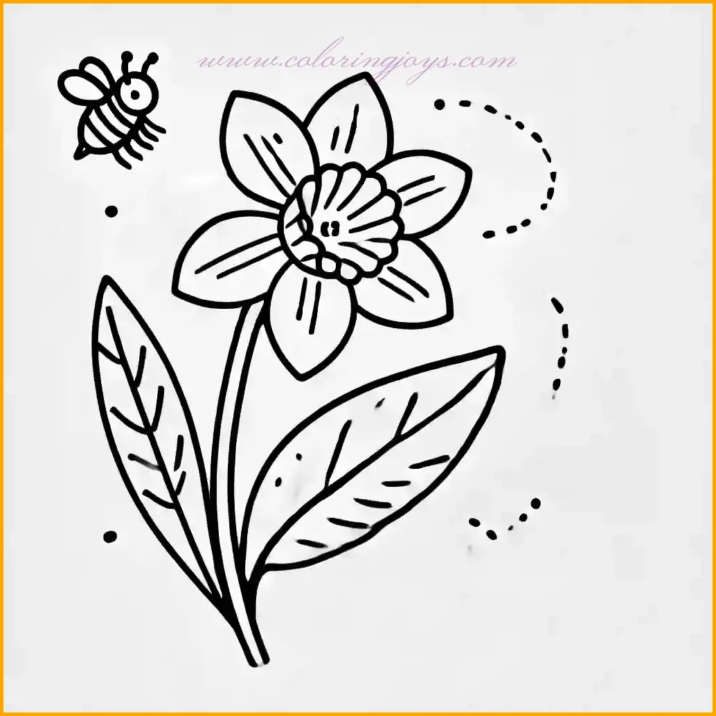 This delightful coloring page features a daffodil with six pointed petals and a prominent trumpet-shaped center, designed with bold outlines for easy coloring. The flower is supported by a tall stem and a single long leaf, creating a classic springtime look. A playful honeybee hovers near the daffodil, with a dotted line indicating its buzzing flight path. Young artists can use sunny yellows for the daffodil, greens for the stem and leaf, and cheerful colors for the honeybee to create a vibrant and engaging scene. Perfect for creative fun and relaxation!