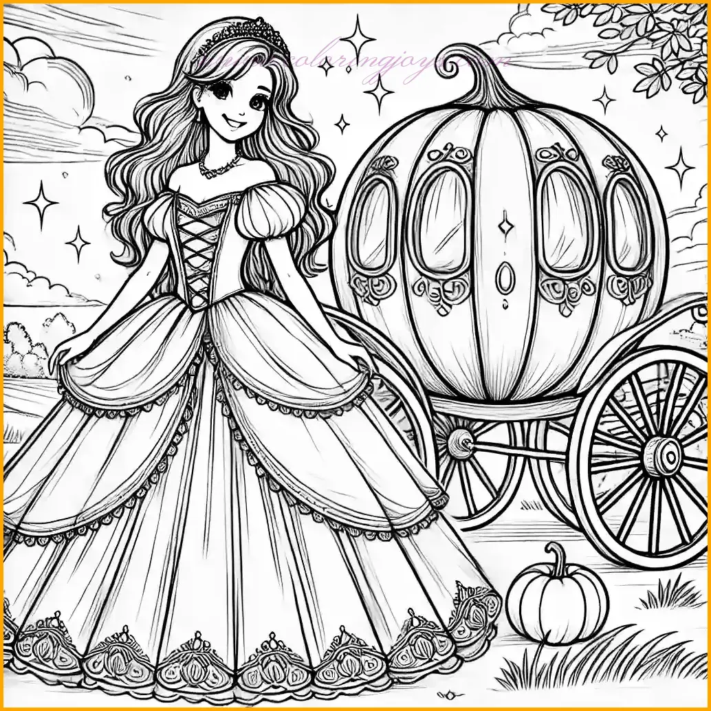 This delightful coloring page features a fairy tale princess inspired by Cinderella, standing beside her iconic pumpkin carriage. Dressed in a flowing ball gown, she has a joyful expression, bringing charm to this magical scene. The elegant carriage has intricate wheels and a few sparkles around it, adding an enchanting touch. The background is simple, with a grassy area and clear sky, making it easy for children to color. With clear, thin lines, this coloring page is perfect for young artists to fill with their favorite colors, bringing the fairy tale to life.