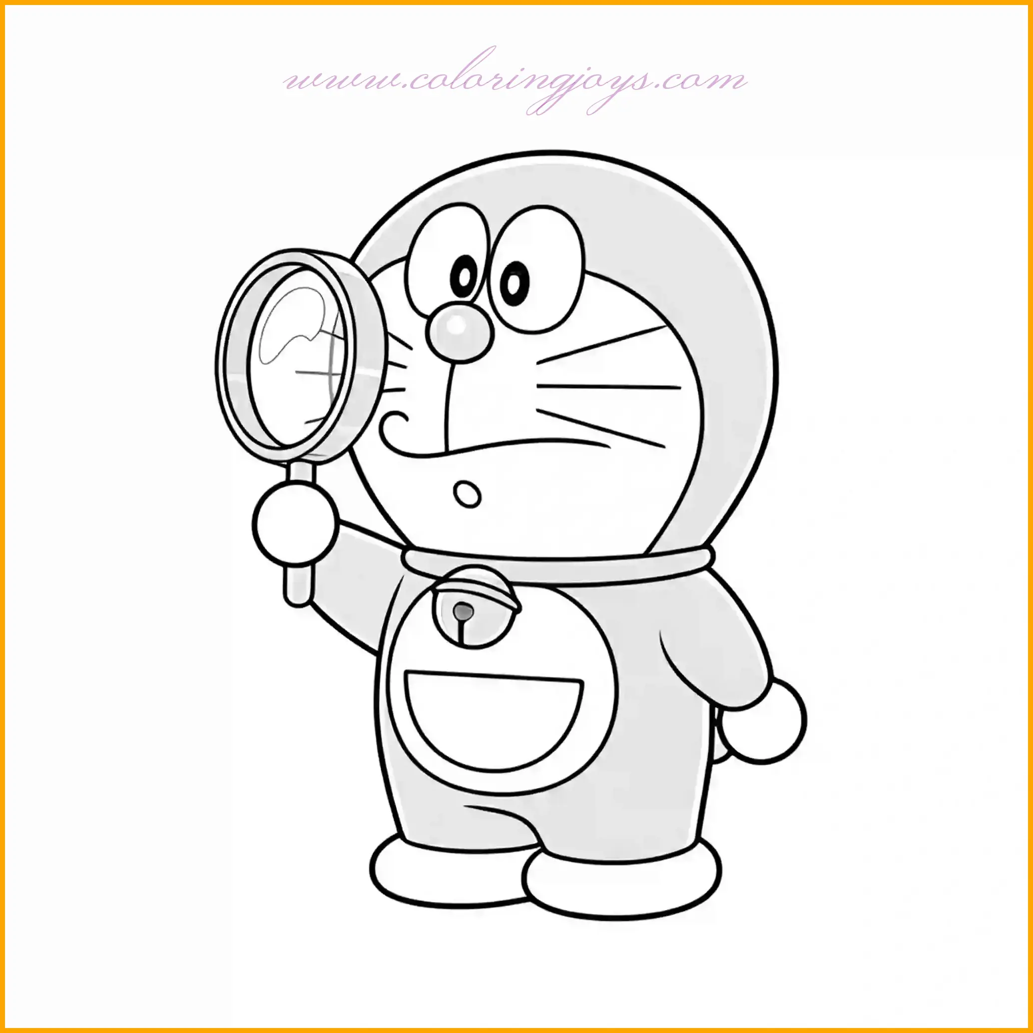 This coloring page shows Doraemon in a curious pose, holding a magnifying glass as if he’s about to solve a mystery! Start by coloring Doraemon’s body in blue, with his face and belly in white. Use a metallic or wood tone for the magnifying glass handle, giving it a realistic touch. Around his eye, add shadows to show the glass’s effect, creating a fun detail that enhances his expression. For the background, light greens or pale grays work well, giving the scene an inquisitive, nature-inspired feel. This page invites you to experiment with shadows and details around the magnifying glass to make it look realistic.