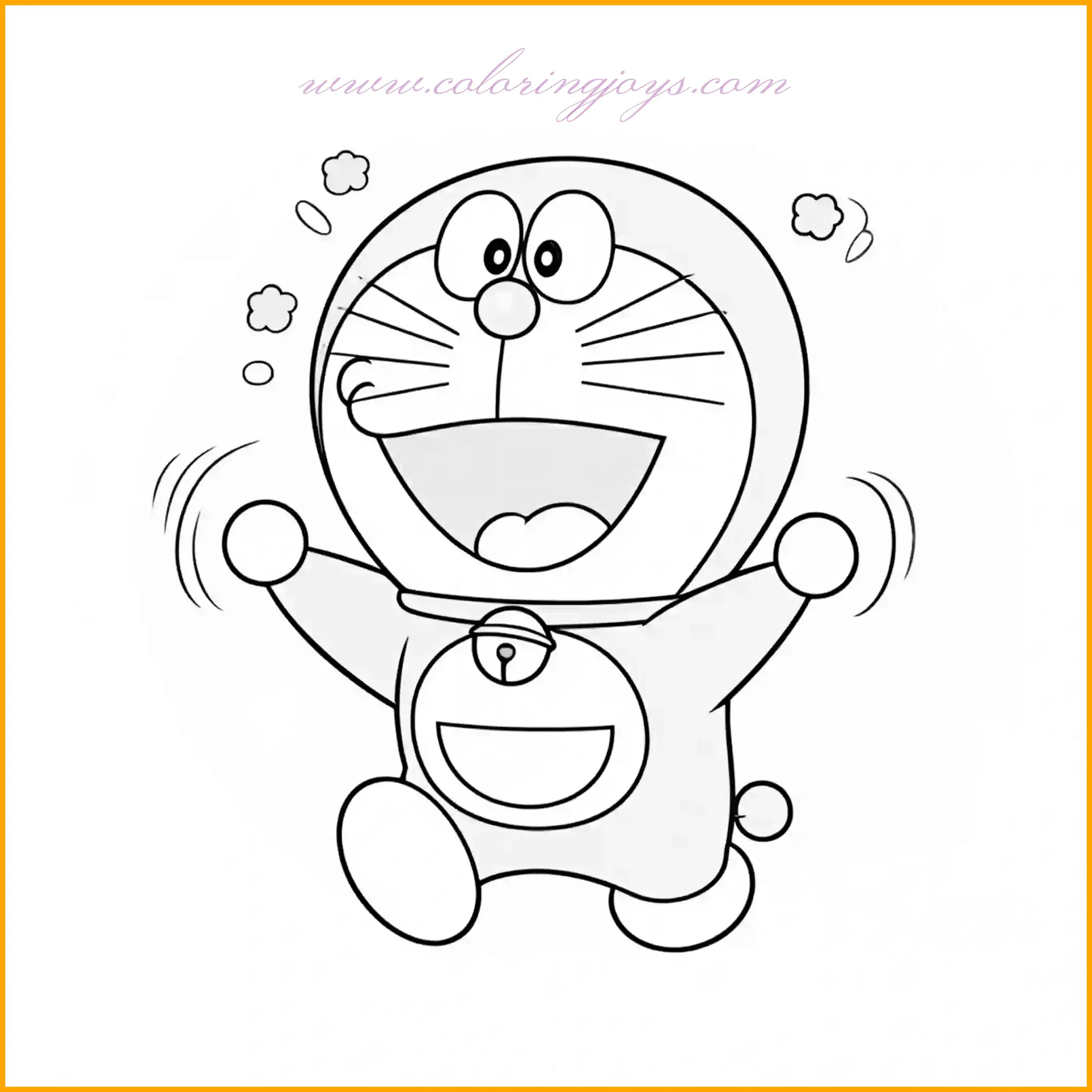 This lively page shows Doraemon spinning around with joy, capturing his playful side. Begin by coloring Doraemon in his classic blue and white, with pink blushes on his cheeks for extra liveliness. Use vibrant colors like yellow or green for a playful background, adding light motion lines around him to show movement. Light shading around his feet will add depth, making it look like he’s really spinning. This page is great for trying out bright, energetic colors and creating a sense of movement.