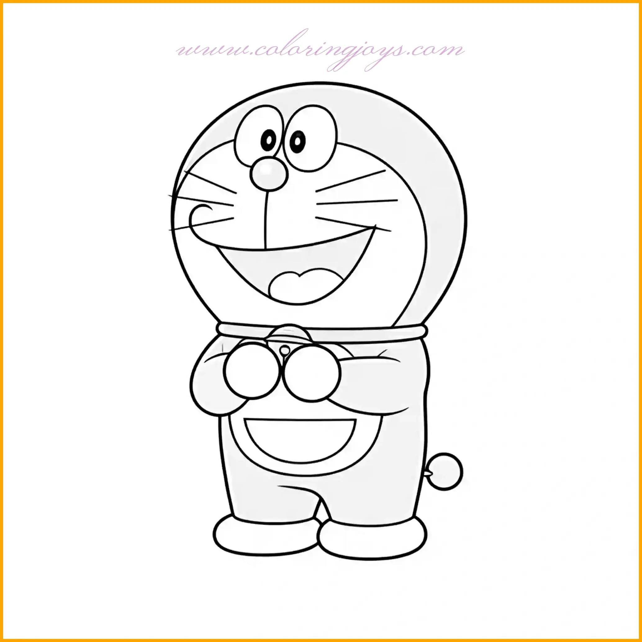 This coloring page shows Doraemon with his hands clasped, gazing forward with a hopeful expression. Use his regular blue for his body and keep his face and belly white for a classic look. The background could be filled with soft colors like light pink or lavender to create an optimistic, warm setting. Adding faint sparkles or light highlights around him will enhance the hopeful mood. Adding shading under his hands and around his eyes will give depth, making this an inspiring scene for young artists to color with warm, gentle tones.