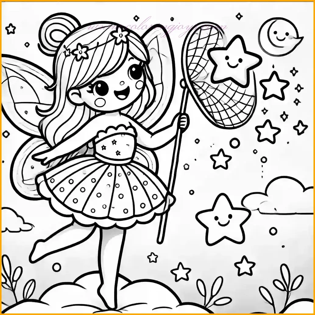 This magical illustration shows a cheerful fairy standing on a fluffy cloud, catching a falling star with a net. She wears a short dress decorated with sparkly designs, and her small, rounded wings give her a playful appearance. The background features a night sky filled with scattered stars and a glowing crescent moon, all outlined in bold and simple lines for easy coloring. Kids can use bright yellows for the stars, shades of blue for the sky, and pastel colors for the fairy's dress and wings to create a delightful nighttime scene.