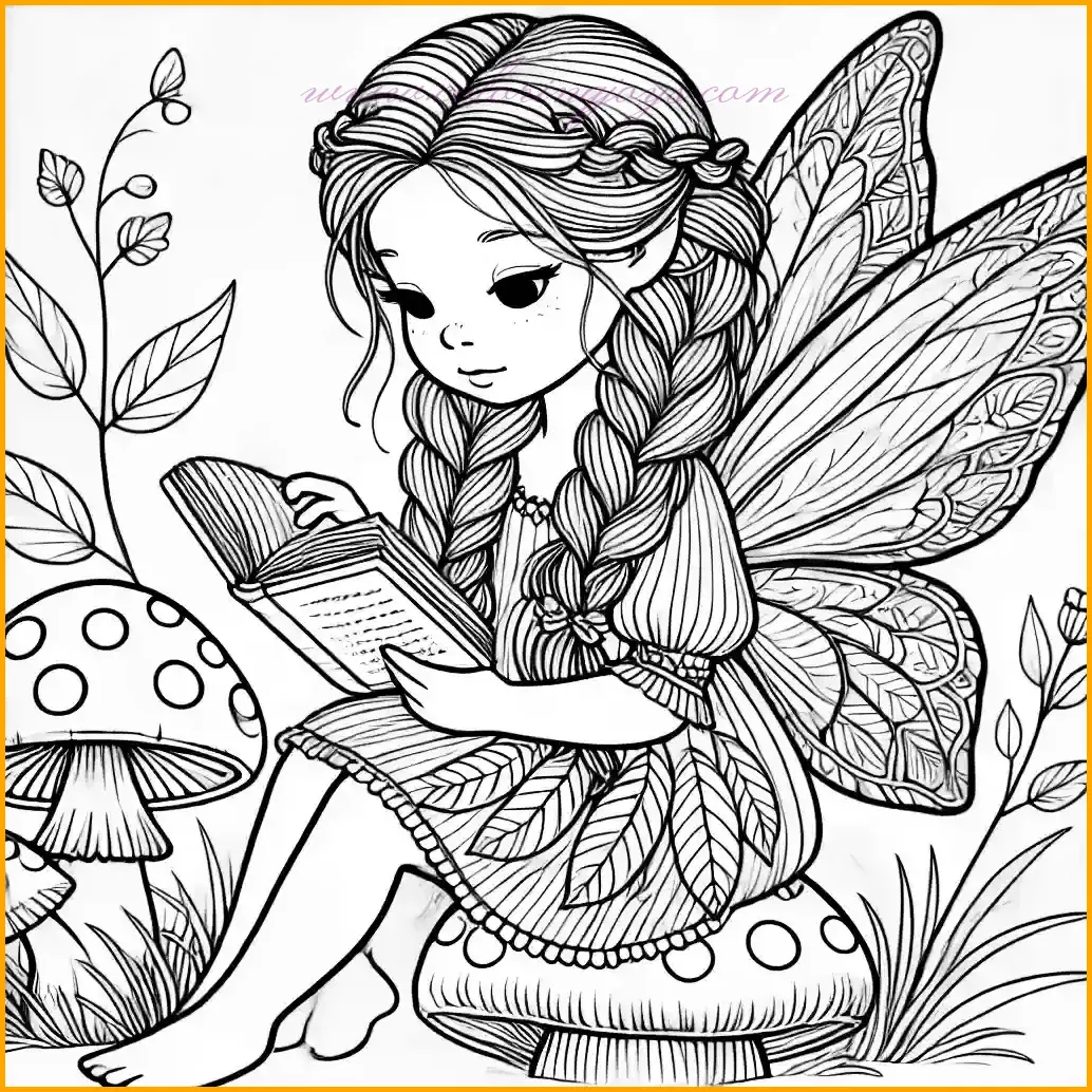 This illustration shows a peaceful fairy sitting on a large mushroom, deeply engrossed in reading a tiny book. She has braided hair and wears a simple dress with leaf-like patterns, adding to her woodland charm. Her large, patterned wings spread gently behind her. The background features grass and a few smaller mushrooms, all outlined with bold and clean lines for easy coloring. Kids can use earthy tones for the mushrooms, soft greens for the grass, and vibrant colors for the fairy's dress and wings to create a delightful scene.