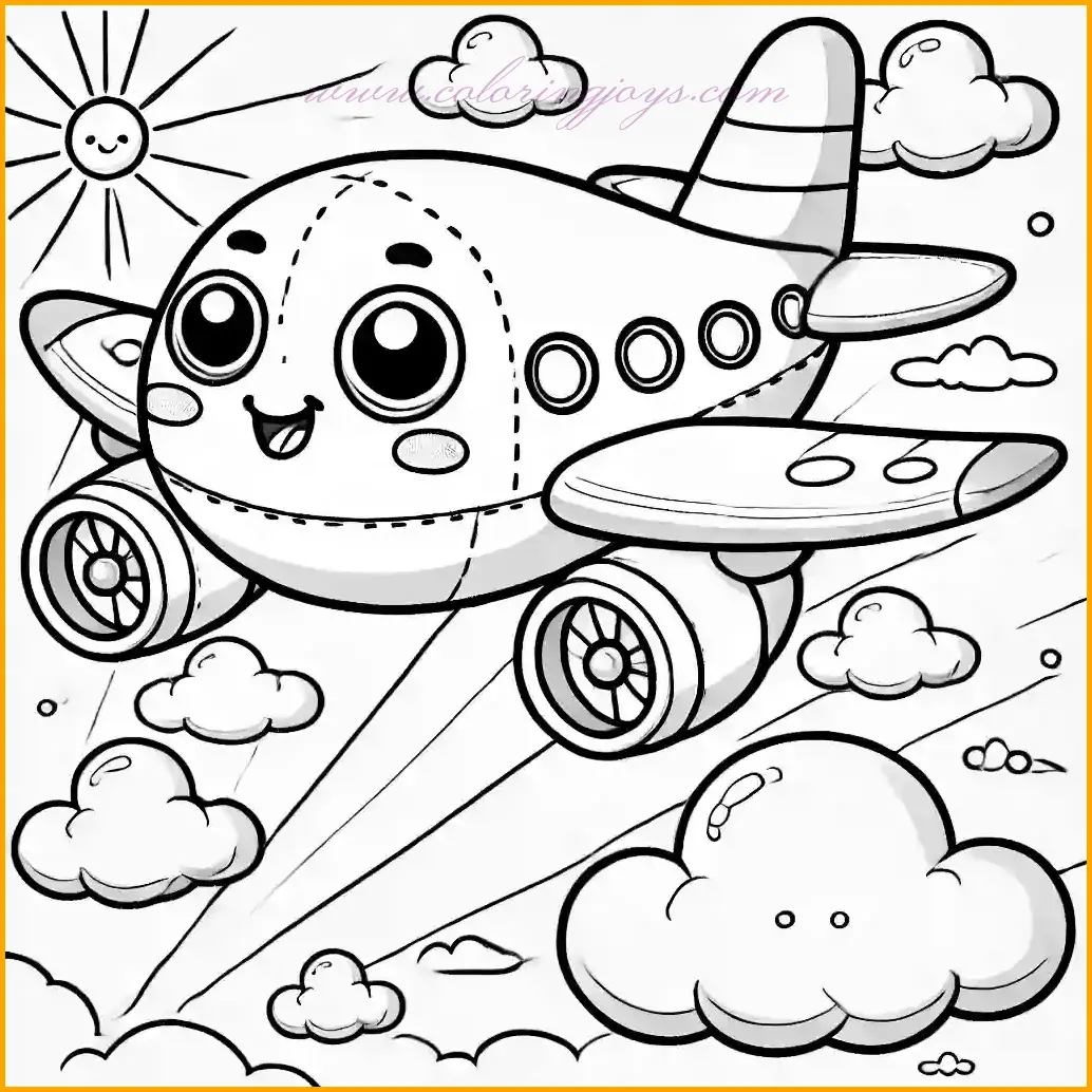 This coloring page features a delightful aeroplane soaring through the sky with a friendly expression. The aeroplane has big, happy eyes and a cute smile, adding charm to its look. Surrounding it are soft clouds and gentle sun rays peeking from the top corner, creating a calm, simple background perfect for young colorists. Kids can color the aeroplane with bright colors like blue or red, while the clouds can be filled with light gray or white shades. The sky can be shaded in soft blue, giving the scene a cheerful atmosphere. This illustration has bold, clear outlines to make coloring easy and enjoyable for children.