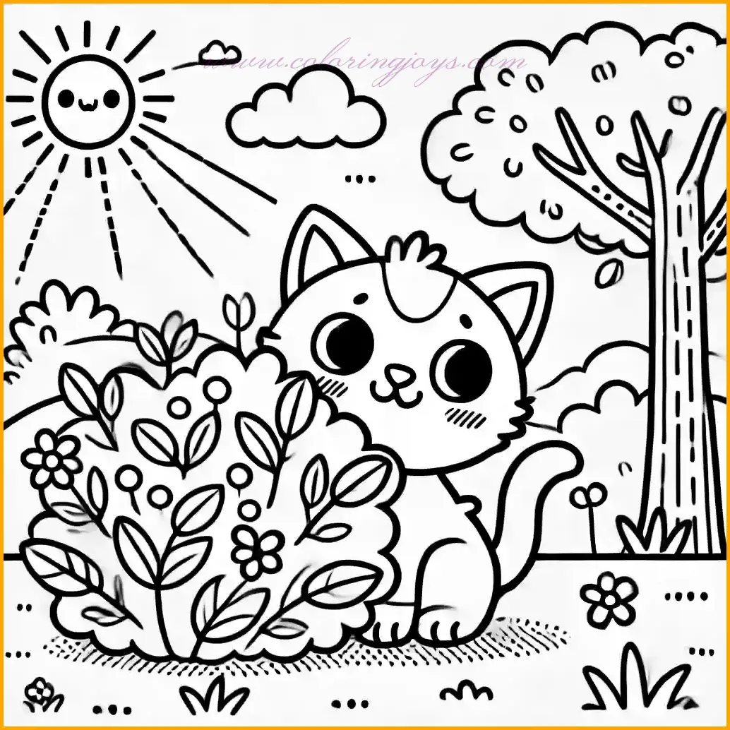 This playful illustration shows a funny cat hiding behind a bush, peeking out with a mischievous and curious expression. The background features a natural setting with soft grass, a few flowers, a tree, and a sunny sky dotted with fluffy clouds. The scene is charming and whimsical, inviting children to color and bring it to life. Clear and thin outlines make it easy for kids to color. They can use green for the bush and grass, bright shades for the flowers, and their favorite colors for the cat, creating a vibrant and fun coloring experience.
