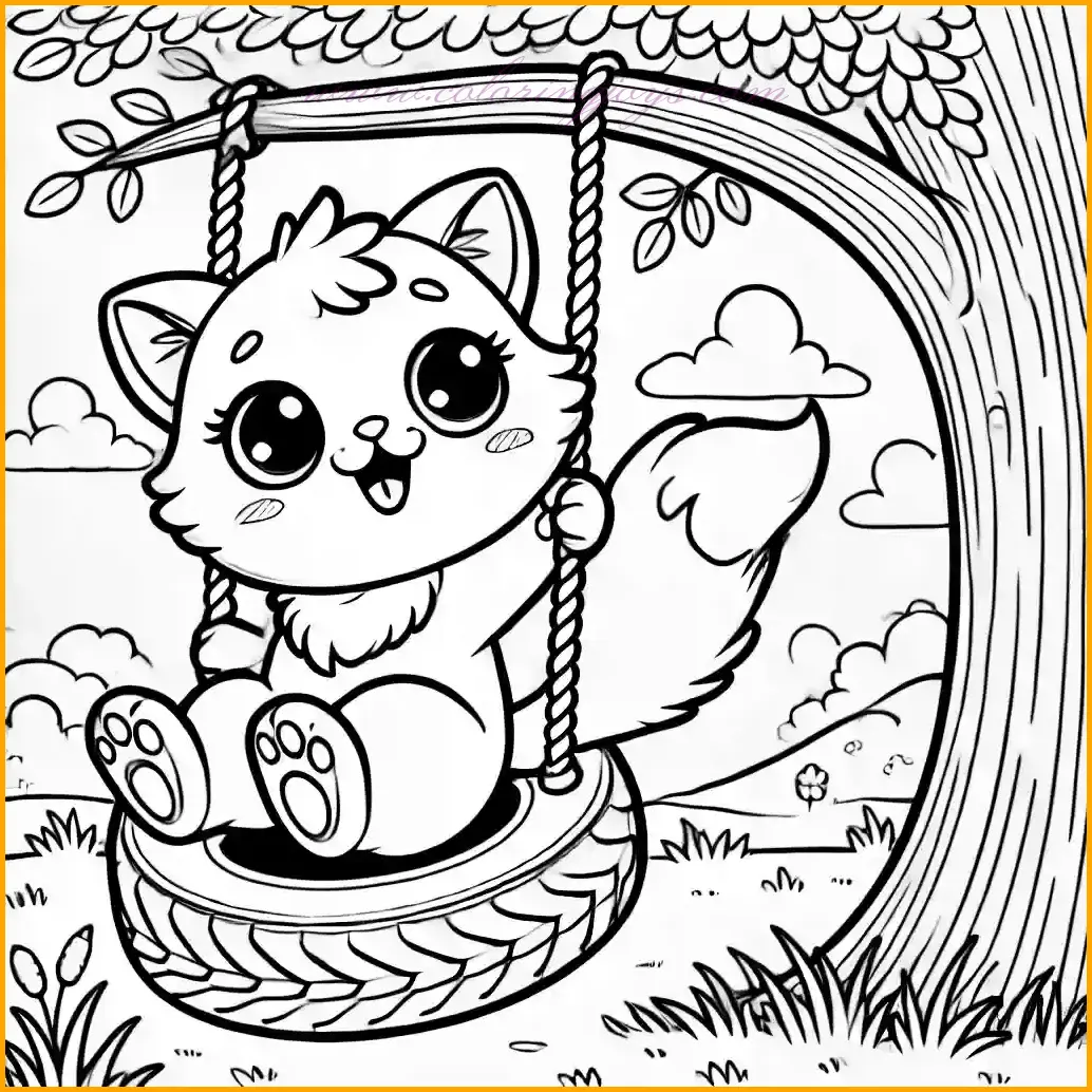 This playful illustration shows a funny cat enjoying a tire swing that hangs from a sturdy tree branch. The cat has a cheerful and adventurous expression, adding energy and fun to the scene. The background features a lush grassy meadow, a leafy tree, and a bright sky filled with fluffy clouds. The design is simple, with thin and clear outlines that make coloring easy and fun for kids. They can use green for the grass and tree, blue for the sky, and bright colors for the cat and tire swing, creating a lively and joyful coloring activity.