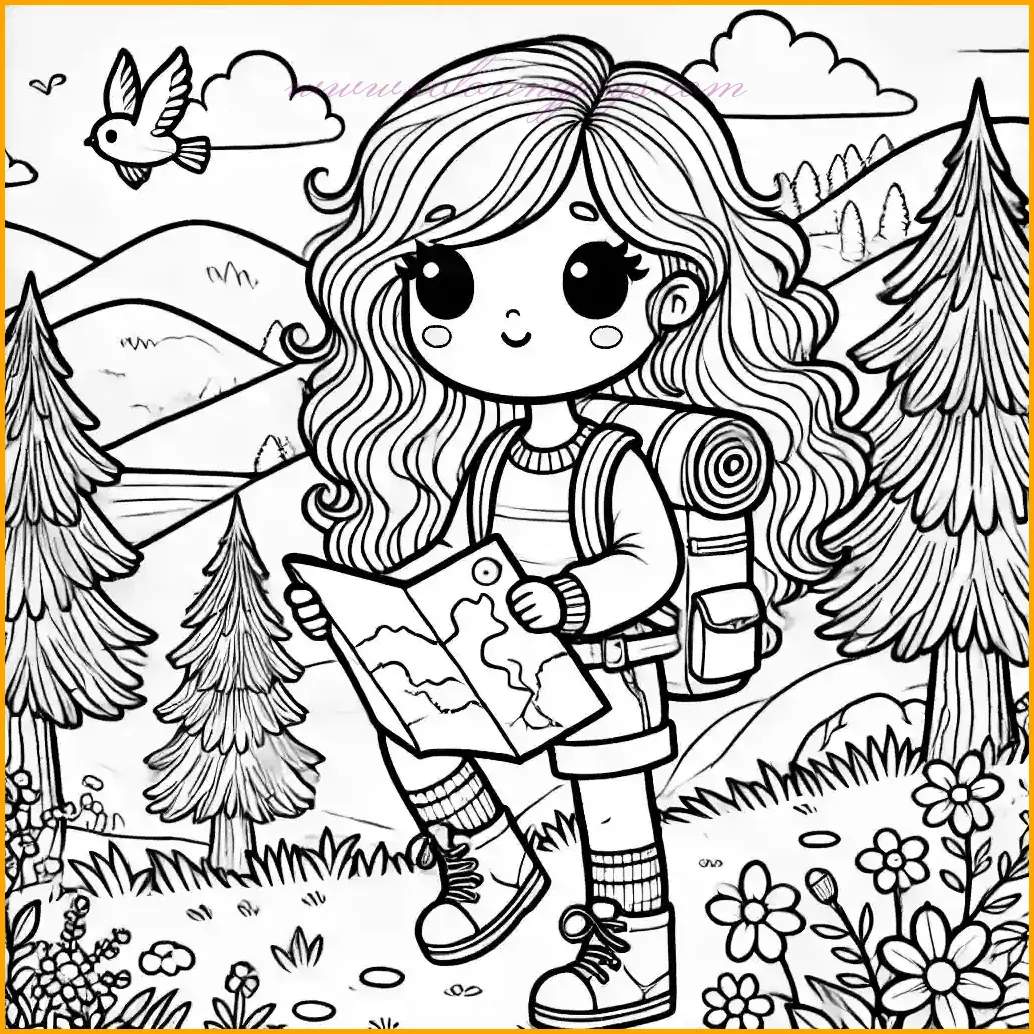 This adventurous coloring page features a young girl with wavy hair, wearing a backpack and holding a map as she hikes along a trail in the mountains. She is surrounded by trees, flowers, and rolling hills, creating a vibrant and outdoor-themed scene. The background includes a clear sky with a bird flying overhead, perfect for adding bright blue tones. Kids can use greens for the trees and hills, colorful shades for the flowers, and earth tones for the trail. The bold outlines make it easy and enjoyable for children to color, bringing this exciting hiking adventure to life.