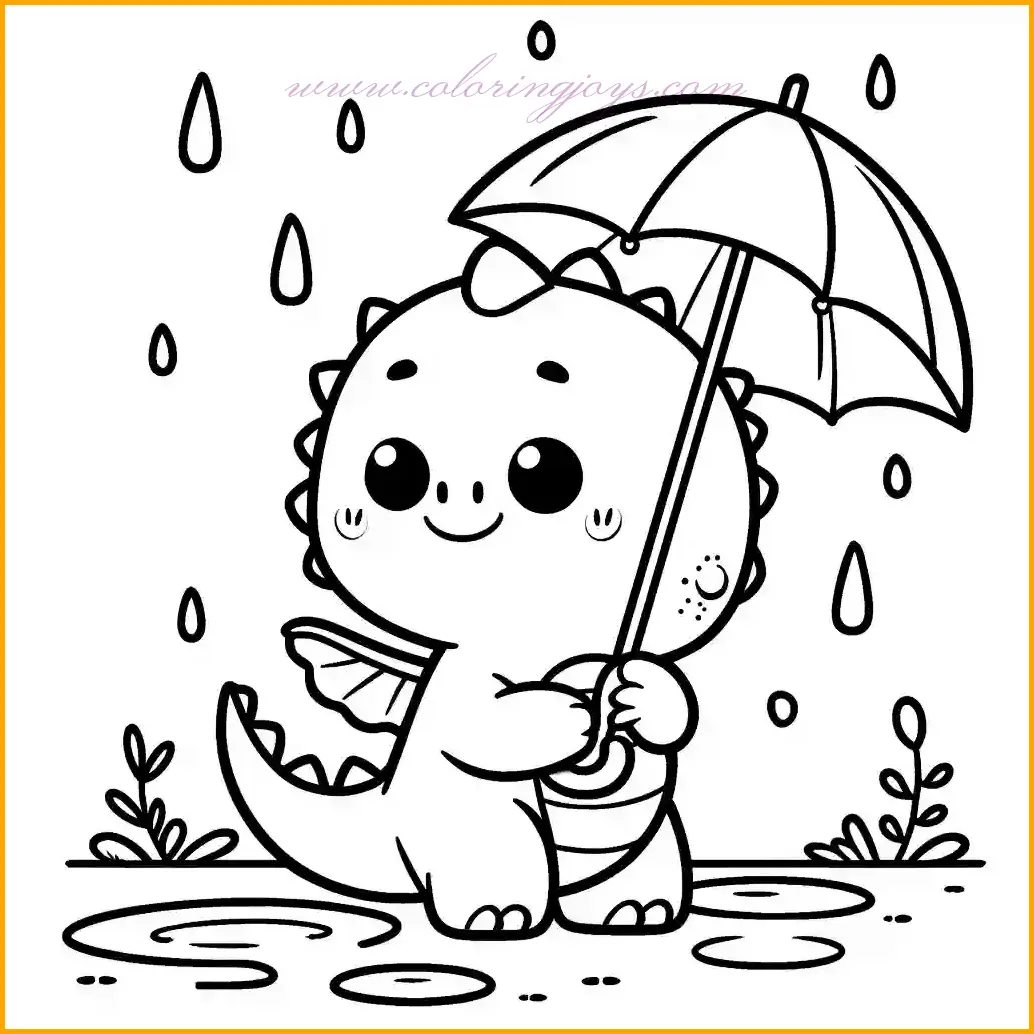 This charming image shows a happy dragon standing in the rain, holding an umbrella to stay dry, making it perfect for kids to color. The dragon has a cheerful expression, small wings, a rounded body, and soft spikes along its back. The scene includes a puddle on the ground and raindrops falling from the sky, adding a playful touch. Children can use bright colors for the dragon, like green or purple, a colorful pattern for the umbrella, and shades of blue for the rain and puddle. The bold outlines make it easy and fun to color!