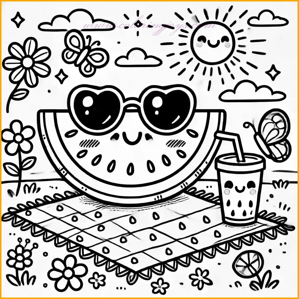 This charming summer-themed coloring page features a cheerful watermelon slice with a smiling face, wearing cool sunglasses, and sitting on a picnic blanket. Around the watermelon are blooming flowers, a fluttering butterfly, and a small drink with a straw, adding to the playful picnic vibe. The background includes a sunny sky with fluffy clouds to complete the delightful scene. The bold, whimsical outlines make it perfect for kids to color. Use vibrant reds and greens for the watermelon, bright yellows for the sun, and colorful accents for the flowers and drink to bring this picnic setting to life!