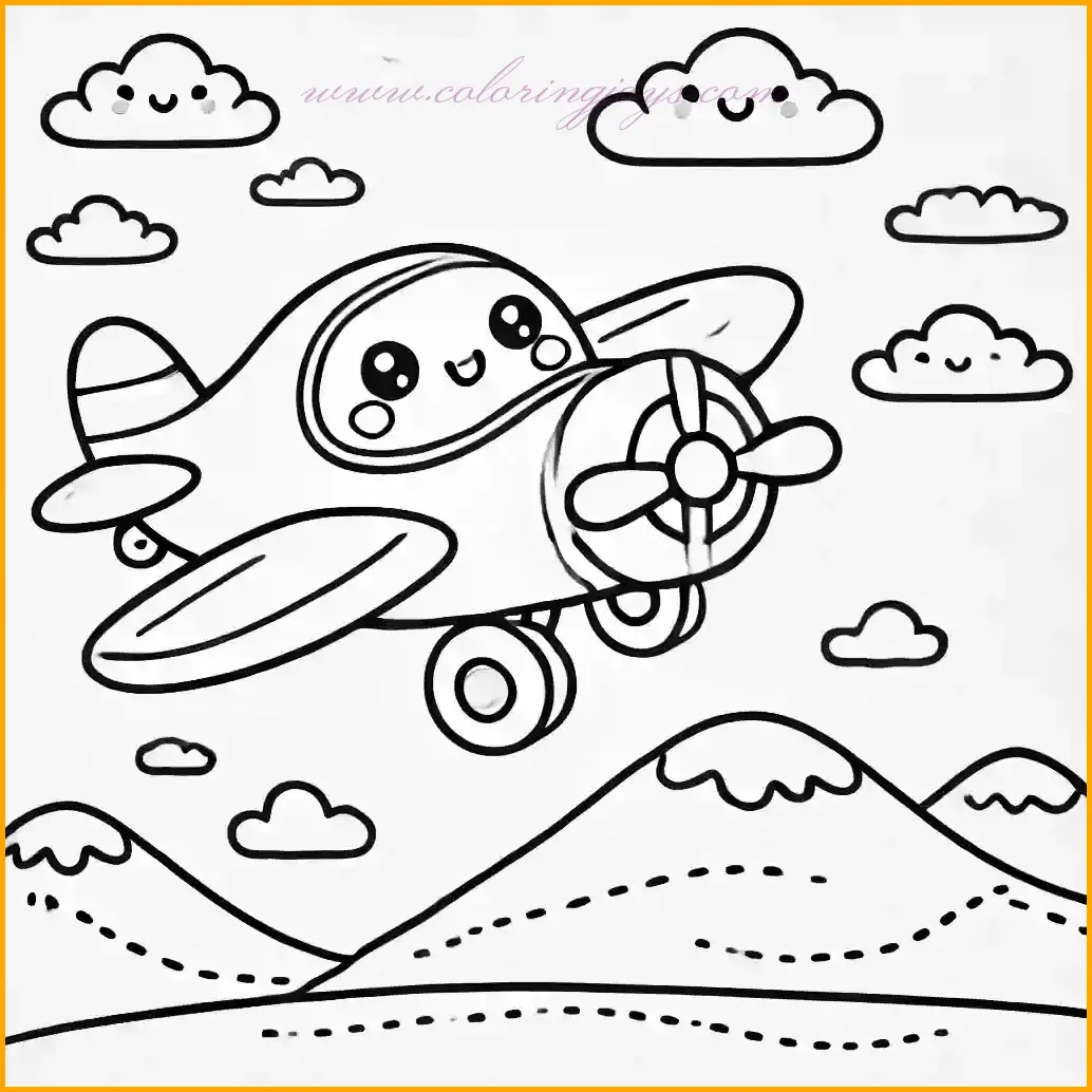 This coloring page showcases an adorable aeroplane in flight, angled as if it's just taking off. The aeroplane has a cheerful expression, with a big smile and wide wings, giving it an enthusiastic look. In the background, a few fluffy clouds float gently, and faint mountain peaks appear in the distance, adding a hint of landscape without overwhelming details. Children can enjoy coloring the aeroplane in bright, fun colors while using softer tones for the clouds and mountains. The simple outlines make this coloring activity easy and fun for young artists.
