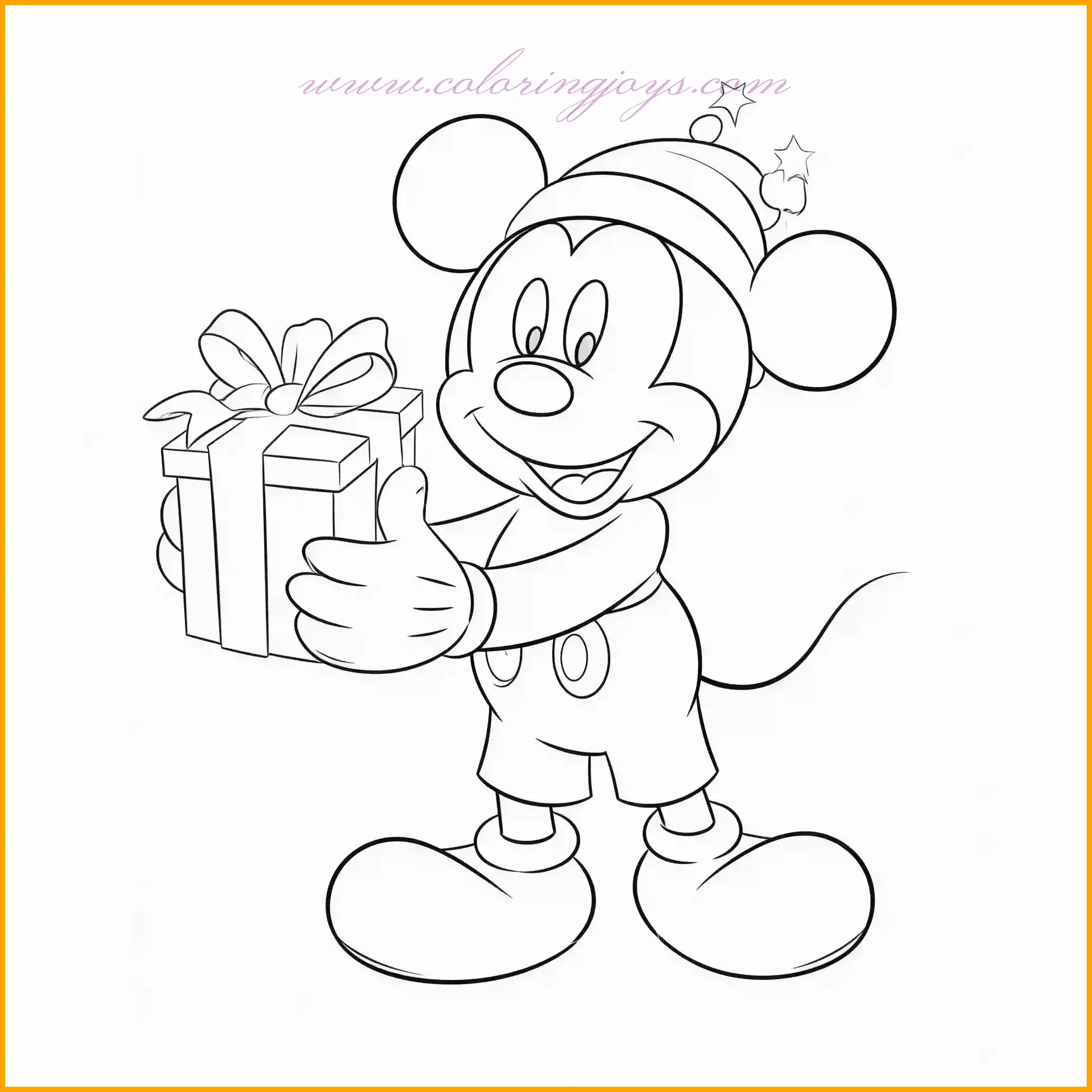 Mickey holds up a star-shaped Christmas gift, which sparkles with a holiday glow, his eyes bright with excitement. Start by coloring Mickey’s iconic outfit, giving his red shorts and yellow shoes their usual bold tones. The star-shaped gift could shine with a golden yellow or even a sparkly silver to create a magical feel. Add highlights on the edges of the star to enhance the illusion of a glowing effect. In the background, faint holiday lights or a snowy scene would enhance the festive atmosphere, making Mickey and the special gift the central focus.