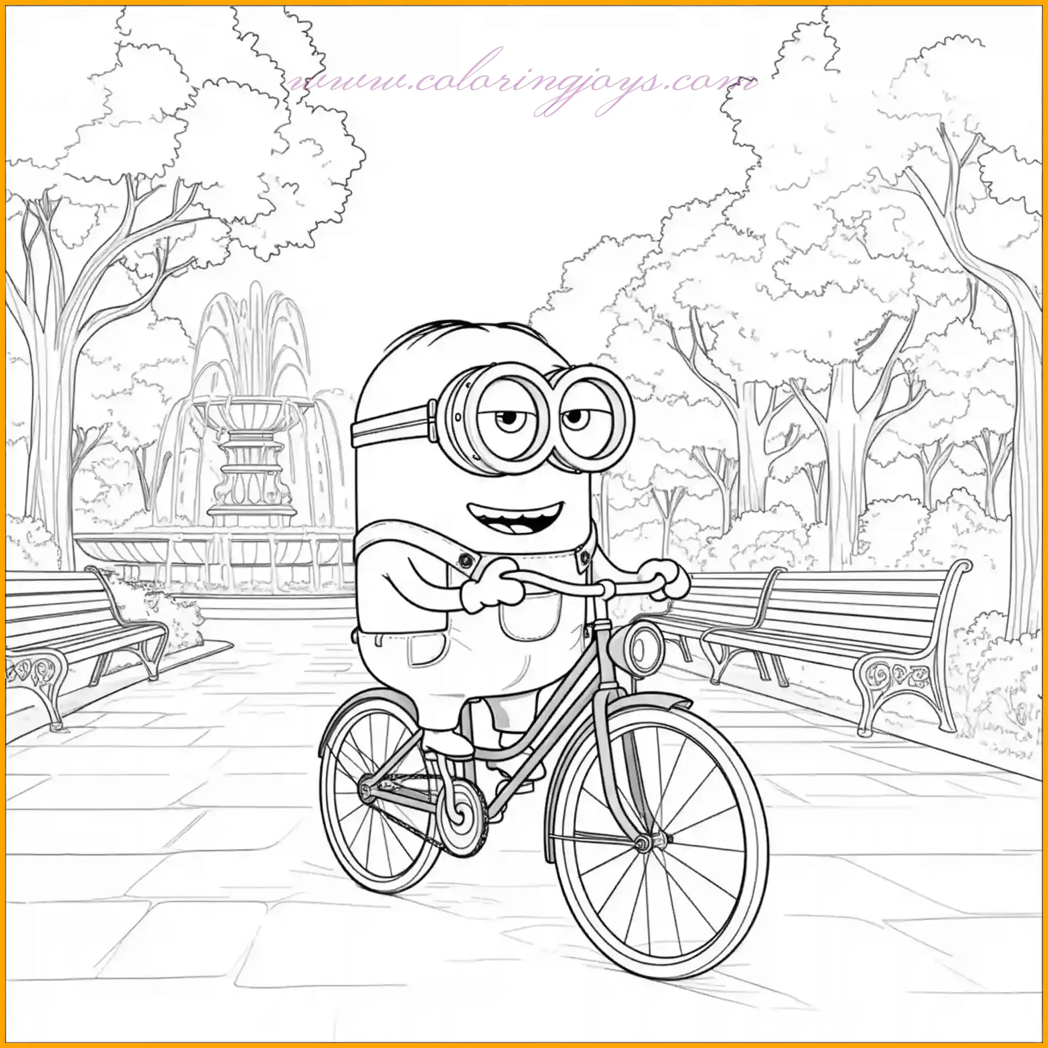 This Minion is riding a colorful bicycle along a park path, with trees, flowers, and birds in the background. The Minion’s expression is one of pure joy as it pedals through the scene. Start by coloring the Minion’s skin in its signature yellow and its overalls in denim blue. For the bicycle, use a mix of vibrant colors like red for the frame and black for the tires. Color the park with lush greens for the trees and grass, and add pops of color to the flowers and birds. The sky can be a soft blue with fluffy white clouds to complete the lively outdoor setting.