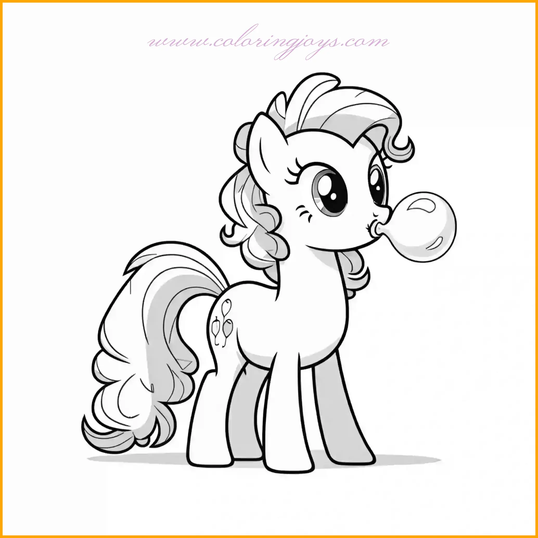 This enchanting My Little Pony coloring page captures a whimsical moment where the pony is joyfully blowing bubbles in an open field. The pony’s playful expression and the delicate floating bubbles make this a delightful scene for children to color. Use pastel shades like soft pink or lavender for the pony’s body and mane, adding a touch of glitter if possible for extra magic. The bubbles can be shaded with light blue and translucent white, with highlights to create a realistic effect. Enhance the setting with a grassy green ground and a gradient blue sky for a fresh outdoor vibe. Add small flowers or butterflies in the background to make the scene even more lively and imaginative.