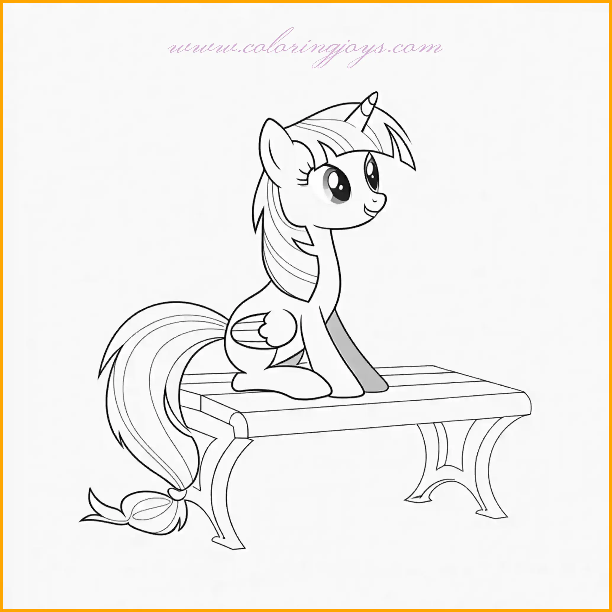 This peaceful My Little Pony coloring page features a pony resting on a wooden bench in a serene outdoor setting. The pony’s calm demeanor is perfect for creating a soothing and colorful masterpiece. Use soft pastel colors like pale pink, lavender, or mint green for the pony, and add subtle highlights to the mane for a shimmering effect. The bench can be colored in shades of brown with wood grain details, giving it a natural look. Surround the pony with elements like green grass, blooming flowers, and tall trees to enhance the tranquil atmosphere. A gentle blue sky or a sunset gradient can make the background even more captivating. This page is ideal for quiet coloring moments that inspire imagination and relaxation.