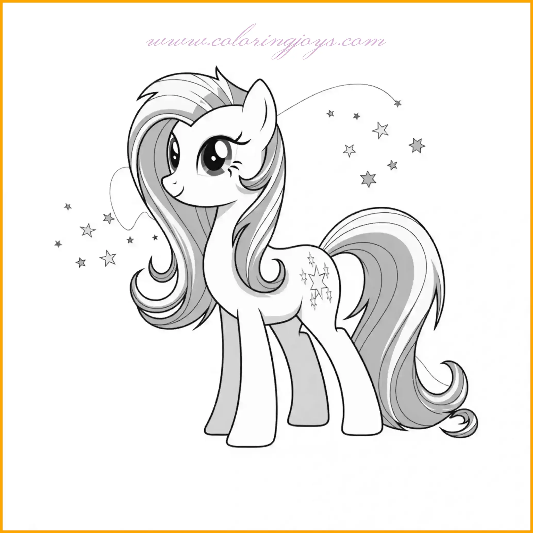 This stunning My Little Pony coloring page showcases a pony standing gracefully under a starry sky. The pony is surrounded by twinkling stars, creating a dreamy and celestial atmosphere. Use soft pastel colors for the pony, such as light purple, pale pink, or sky blue, and give the mane a gradient effect with sparkling highlights. The stars can be colored in shimmering yellow or white with a touch of glitter to make them stand out. For the background, opt for a deep navy blue or dark purple sky to contrast beautifully with the bright stars. This coloring page is perfect for children who love magical and enchanting scenes, encouraging them to explore the beauty of a starry night.