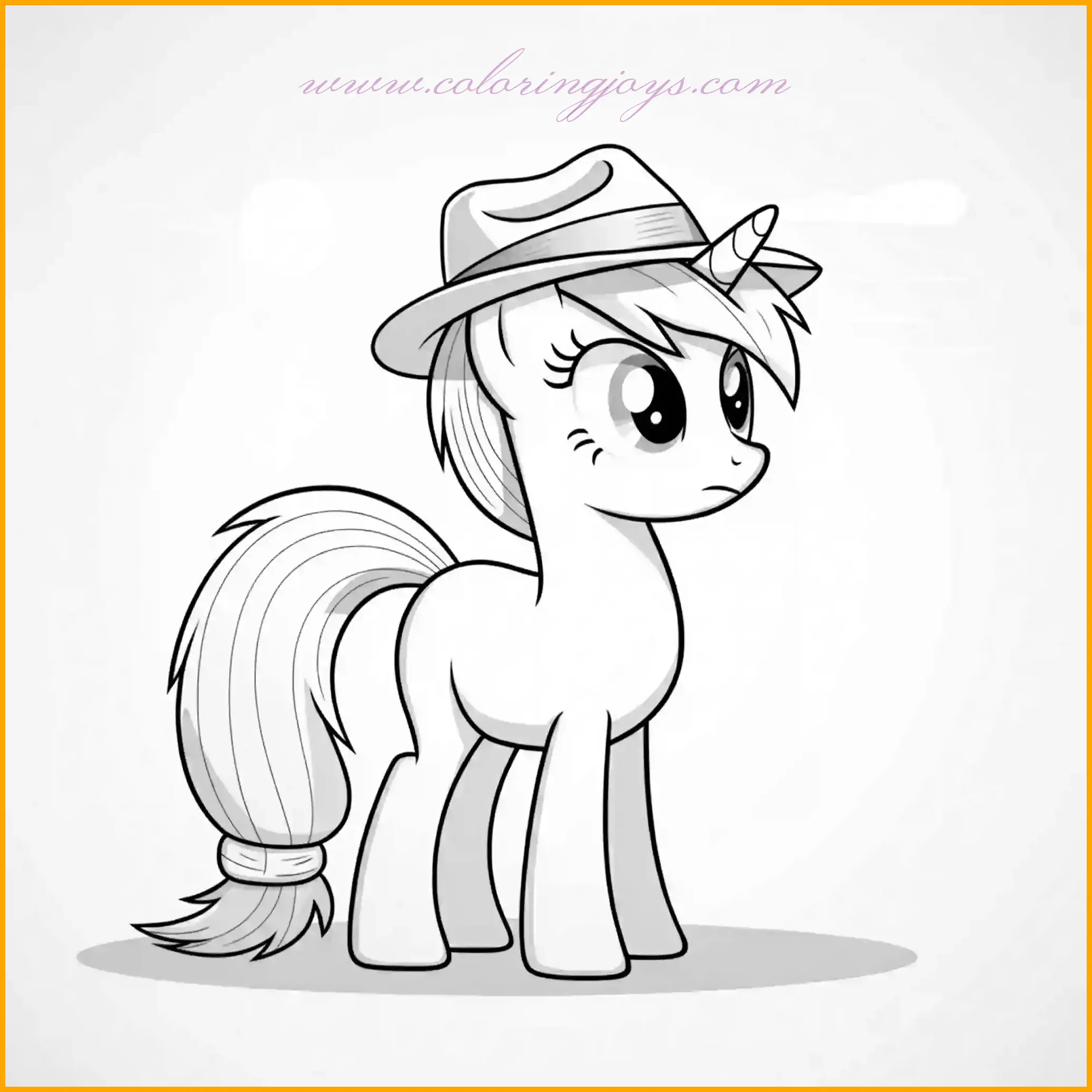 This lively My Little Pony coloring page depicts a pony standing happily under the bright sun while wearing a stylish hat. The hat can be colored in bold tones such as red, yellow, or blue, with patterns like polka dots or stripes for added charm. The pony can be shaded in pastel hues like light blue or peach, with a colorful mane and tail that reflect the cheerful vibe of the scene. The sun can be bright yellow with golden rays, while the background features lush green grass and a bright blue sky. This page is perfect for sparking creativity and capturing the fun of a sunny day.
